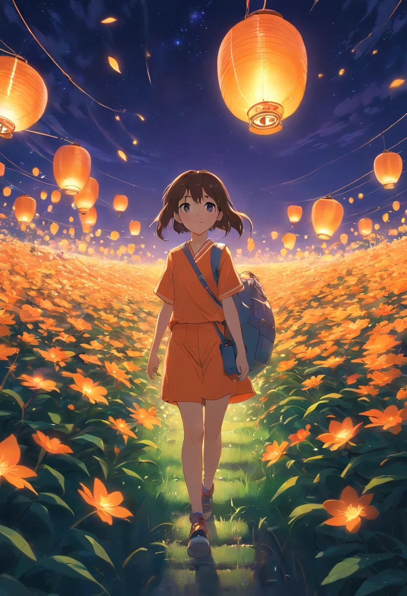 Expansive landscape photograph，（look from down，Above is the sky，Below are open fields），A little girl stood on a flower field and looked up，Lots of Kong Ming lanterns，（moon full：1.2），（Starcloud：1.3），Far Mountain, Tree BREAK making art，（Warm light source：1.2），（glowworm：1.2），lamp lights，Lots of purple and orange，Complicated details，（best qualtiy），4K，ultra - detailed，（dynamic compositions：1.4），detail-rich，plethora of colors，（Irridescent color：1.2），（with light glowing，Atmospheric lighting），dream magical，magical，（独奏：1.