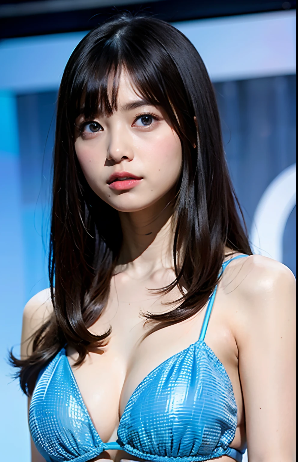 8k、top-quality、masterpiece、illustratio、extremely delicate and beautiful、extremely details CG、Unity、wall-paper、(realisitic、Photorealsitic:1.37)、astonishing、finely detail、masterpiece、maikurobikini、bionde、blue eyess、huge tit、Show cleavage、maikurobikini