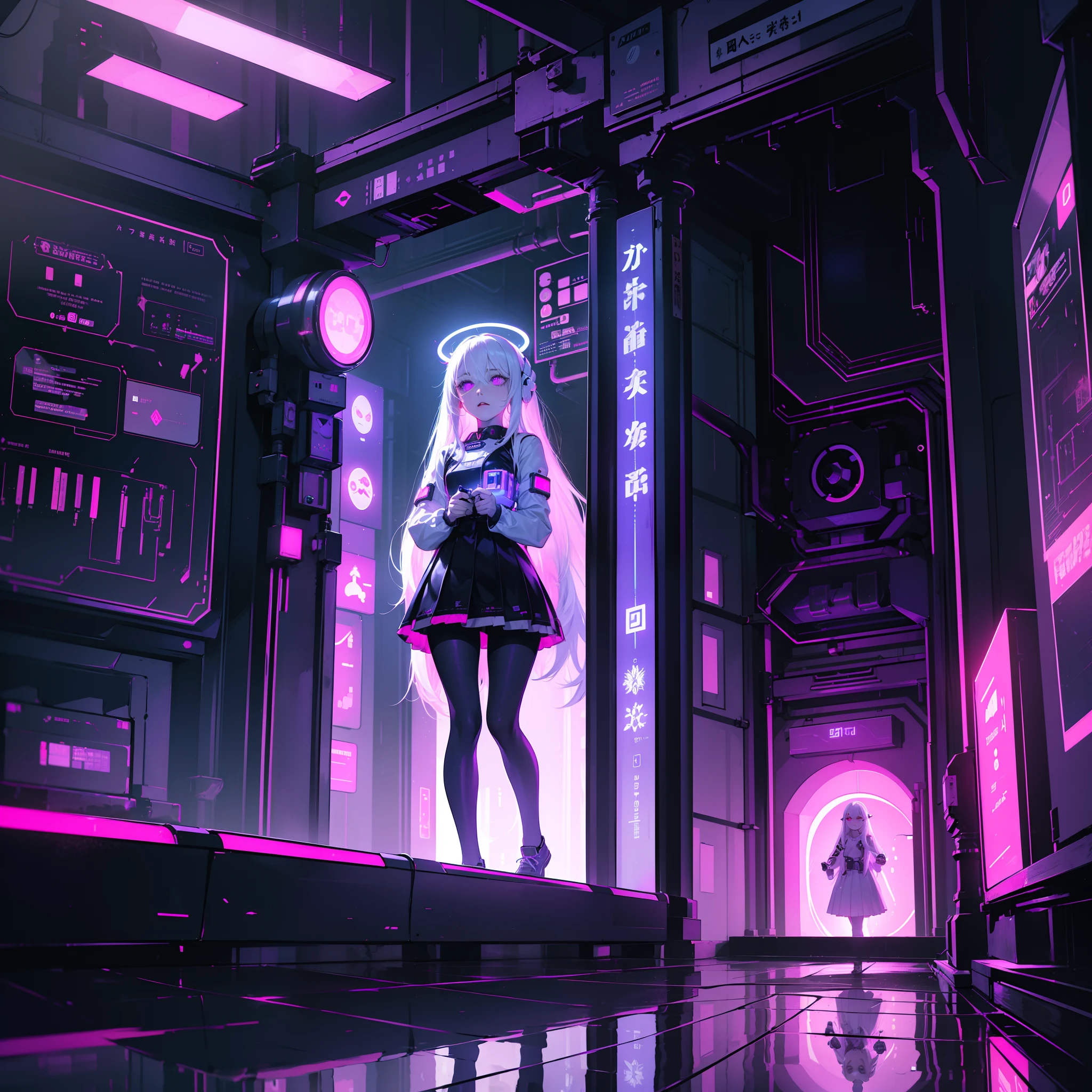 (masterpiece) girl, ((shiny circuits)), glowing lights, bright neon lights, tubes and cables,  exploring haunted scary futuristic house, holding lantern, white hair, violet eyes, pink and white backpack, pleated mini skirt, pantyhose, (absurdly long hair), getting eyes, ghosts, antique decoration, (floor reflecting), drone accompany