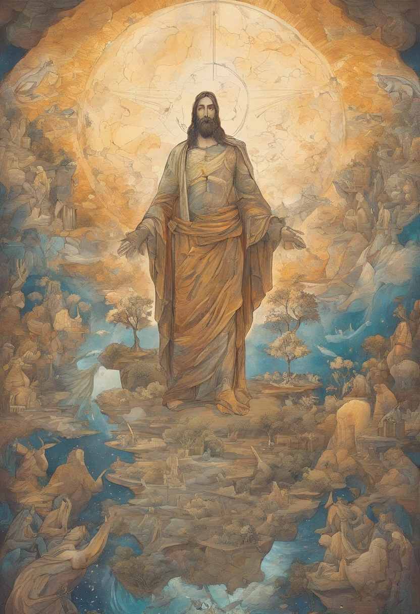 Crie uma obra de arte que retrate Deus Pai e Jesus Cristo, Seu Filho, commemorating the creation of the Earth together. Deus deve ser representado como uma figura majestosa, emanando luz divina, while Jesus is at His side, holding the earth gently in His hands. O planeta deve ser representado com detalhes impressionantes, showing the beauty of his creation. In the scenery, coloque elementos que simbolizem a natureza e a vida na Terra, like trees, animais, rios e montanhas. The scene should convey a sense of joy, Love and gratitude for the creation of the world. A paleta de cores deve ser vibrante e celestial, evoking an atmosphere of celebration and reverence.