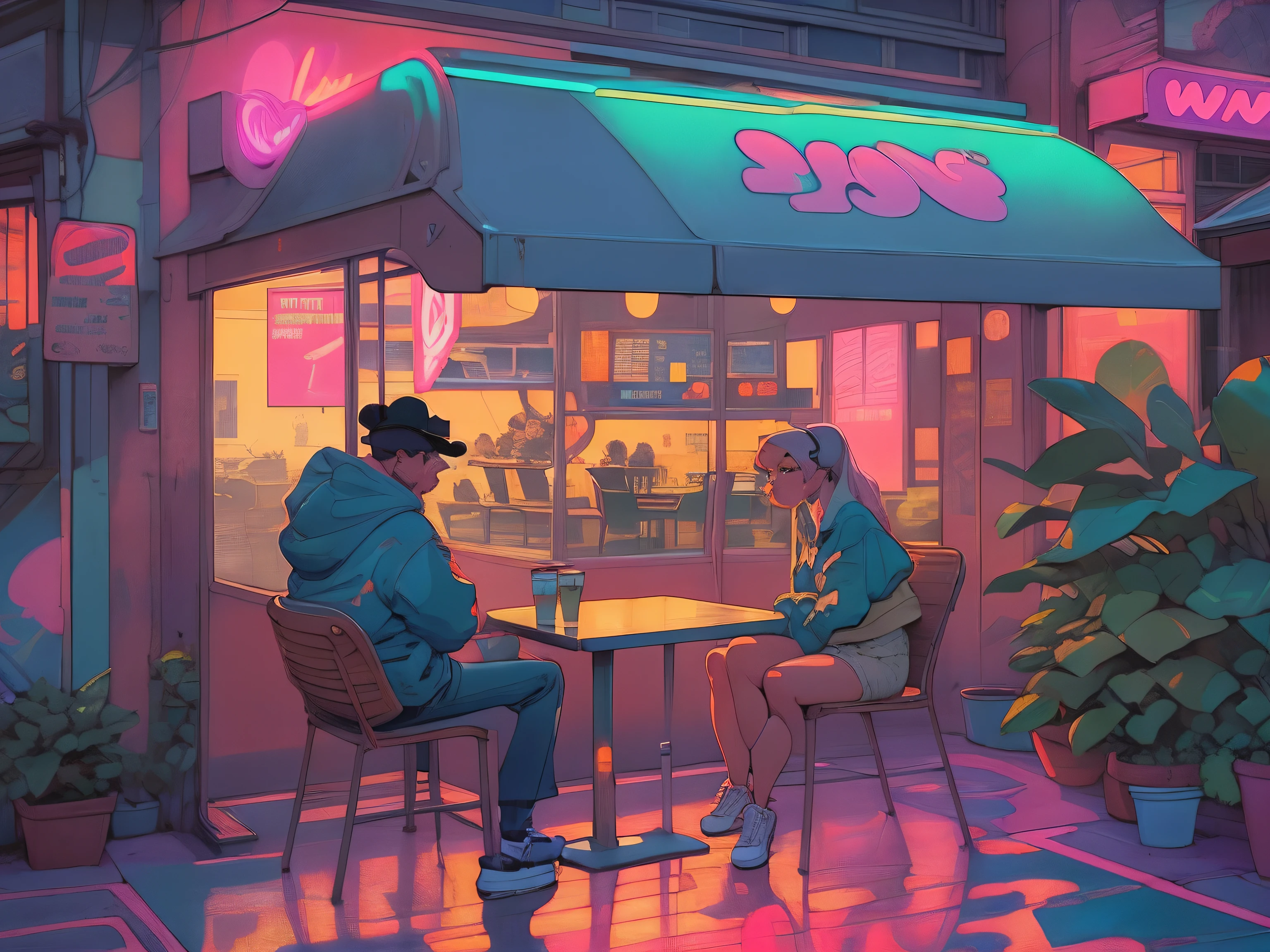 Lo-fi,( Café Terrace at Night) ,raining outside, analog color theme, Lo-fi hip hop ,anime,neon, retroactive, flat, 2D , Kim Jung Gi, simple drawing, simplify line art, ink drawing, big ink line, watercolor, goauche color, studio Ghibli style, awesome colorful, outurn, synthwave, lofi art,90s style,old texture, pop art, vibrant, amplitude, 90s atmosphere, massive skills,8k wallpaper