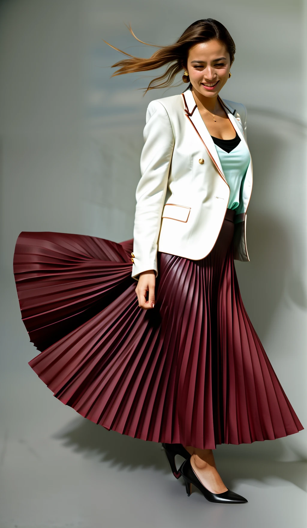 (sad eyed:1:1) (flirty smiling:1.4) (shy:1.5) woman wearing (long pleated:1.6) skirt standing outside and playing with her skirt, dressed in blazer a long fluent windy pleated skirt and simple low heeled office shoes, long pleated skirt, wearing blazer and skirt and shoes, pleated skirt, wearing pleated skirt, wearing long skirt, pleated skirt, blazer, low heels, (large breasts, big boobs:1,9), (shirtless, topless, bare chest:1,9), (flirting:1,5), ((lots of wind, wind blowing, windy conditions:1.3)), epic composition, highly detailed attributes, highly detailed atmosphere, (35mm f1.4 Kodak portra 400 photograph), extremely high quality RAW photograph, detailed background, intricate, Exquisite details and textures, highly detailed
