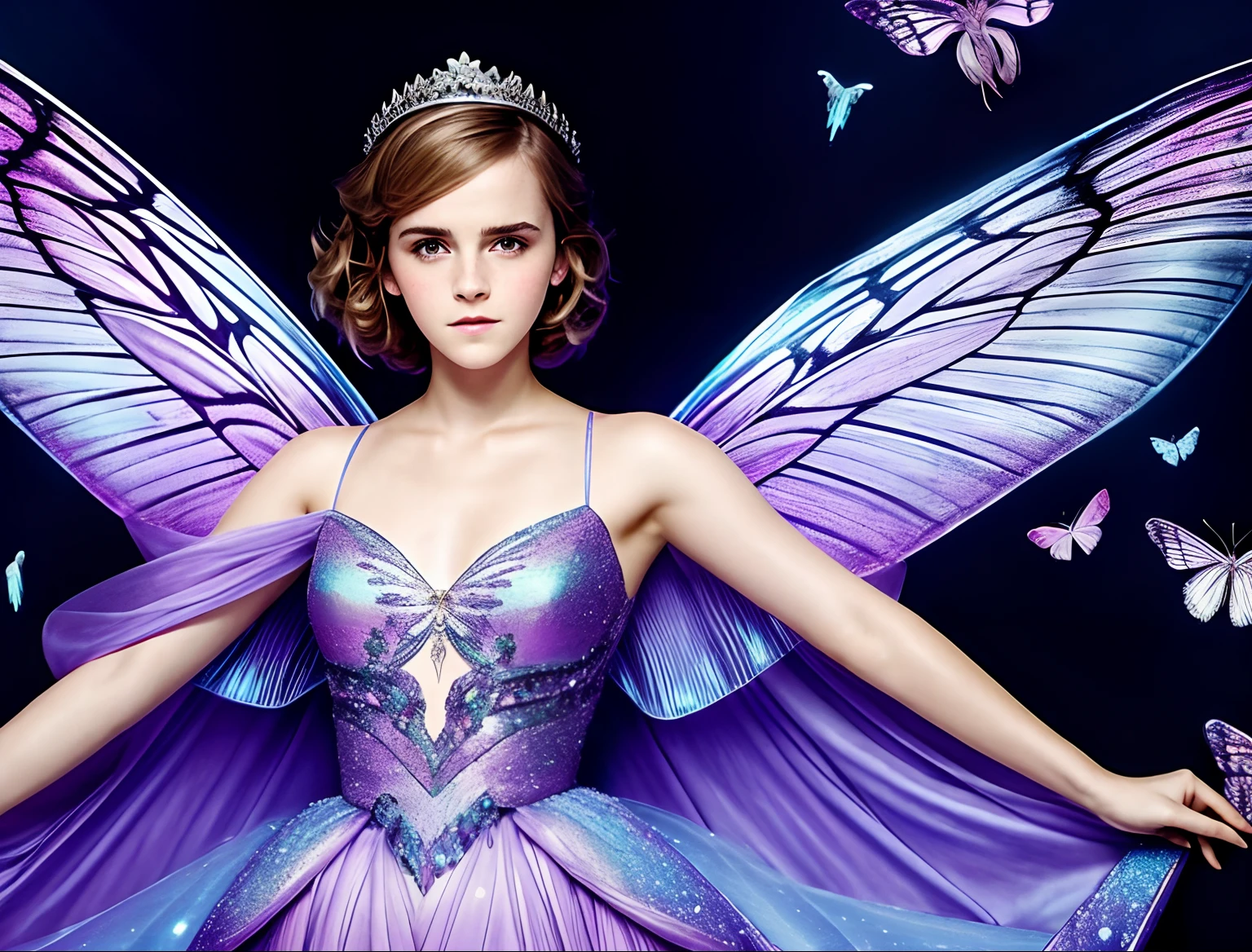 A Photograph of Emma Watson as the ethereal Queen of Moths, draped in delicate wings of iridescent blues and purples, casting a mesmerizing glow.