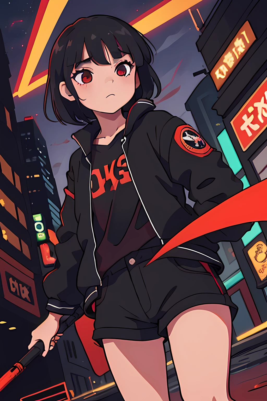 1girl, short black hair, red eyes, wearing black jacket, wearing baggy shorts, night, city, colorful background, absurdres, high res, ultrasharp, 8K, masterpiece, looking at viewer