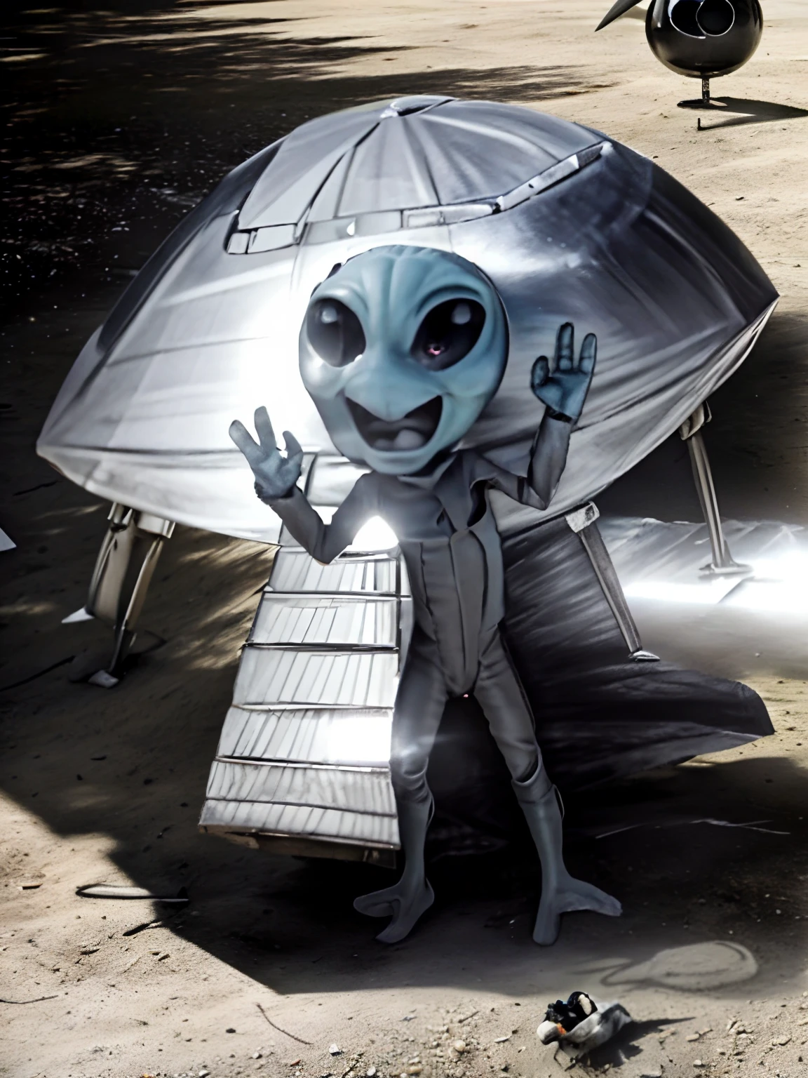 masterpiece, high quality images, high detailed images, 3D drawing of a cartoon alien with a spaceship in the background, An alien, extraterrestrials reach for him, an evil alien astronaut, Space alien Grey, extraterrestre, alien art, Space alien, alien like, ufo aliens, alien art, gray alien, alien creature, alien looking, great fun alien, extraterrestial, Fantastic Art, 8k