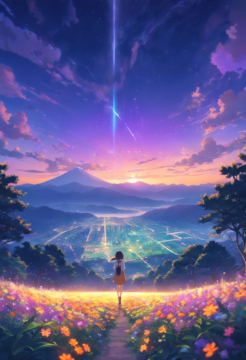 Expansive landscape photograph,(look from down,Above is the sky,Below are open fields),Many people sit on the flower field and look up,nigth,Many Kong Ming lanterns float in the sky,(moon full:1.2),(Starcloud:1.3),Far Mountain, Tree BREAK making art,(Warm light source:1.2),(glowworm:1.2),lamp lights,Lots of purple and orange,Complicated details,(best qualtiy),4K,ultra - detailed,(dynamic compositions:1.4),detail-rich,plethora of colors,(Irridescent color:1.2),(with light glowing,Atmospheric lighting),dream magical,magical,(独奏:1.