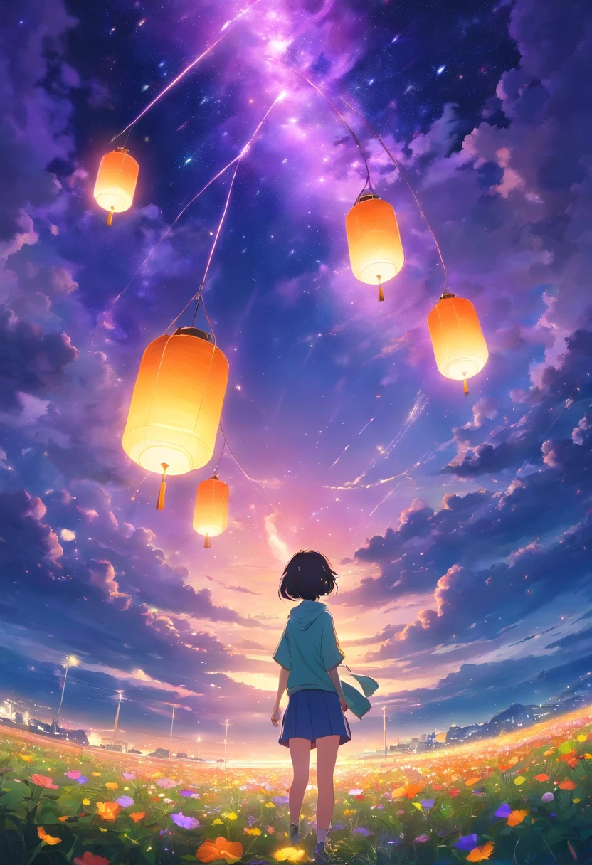 Expansive landscape photograph,(look from down,Above is the sky,Below are open fields),Many people sit on the flower field and look up,nigth,Many Kong Ming lanterns float in the sky,(moon full:1.2),(Starcloud:1.3),Far Mountain, Tree BREAK making art,(Warm light source:1.2),(glowworm:1.2),lamp lights,Lots of purple and orange,Complicated details,(best qualtiy),4K,ultra - detailed,(dynamic compositions:1.4),detail-rich,plethora of colors,(Irridescent color:1.2),(with light glowing,Atmospheric lighting),dream magical,magical,(独奏:1.
