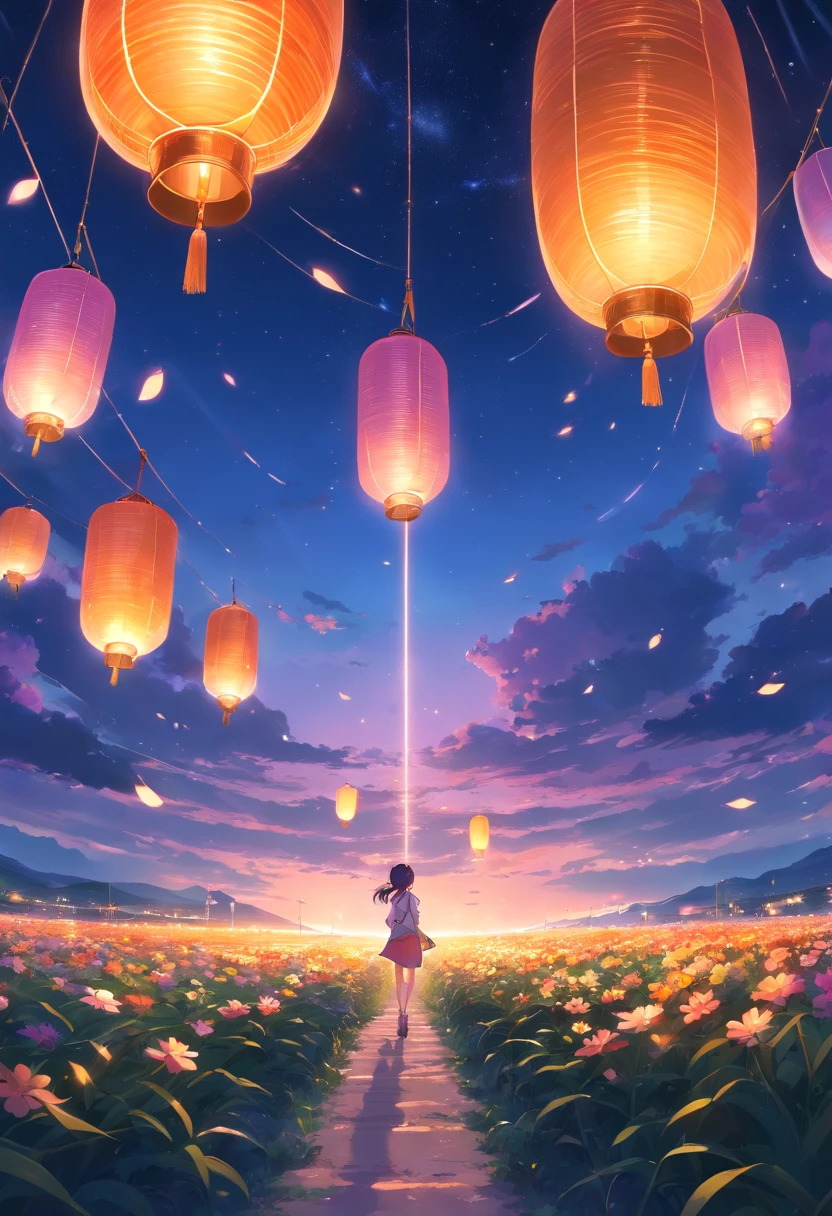 Expansive landscape photograph,(look from down,Above is the sky,Below are open fields),Many people sit on the flower field and look up,nigth,Many Kong Ming lanterns float in the sky,(moon full:1.2),(Starcloud:1.3),Far Mountain, Tree BREAK making art,(Warm light source:1.2),(glowworm:1.2),lamp lights,Lots of purple and orange,Complicated details,(best qualtiy),4K,ultra - detailed,(dynamic compositions:1.4),detail-rich,plethora of colors,(Irridescent color:1.2),(with light glowing,Atmospheric lighting),dream magical,magical,(独奏:1.