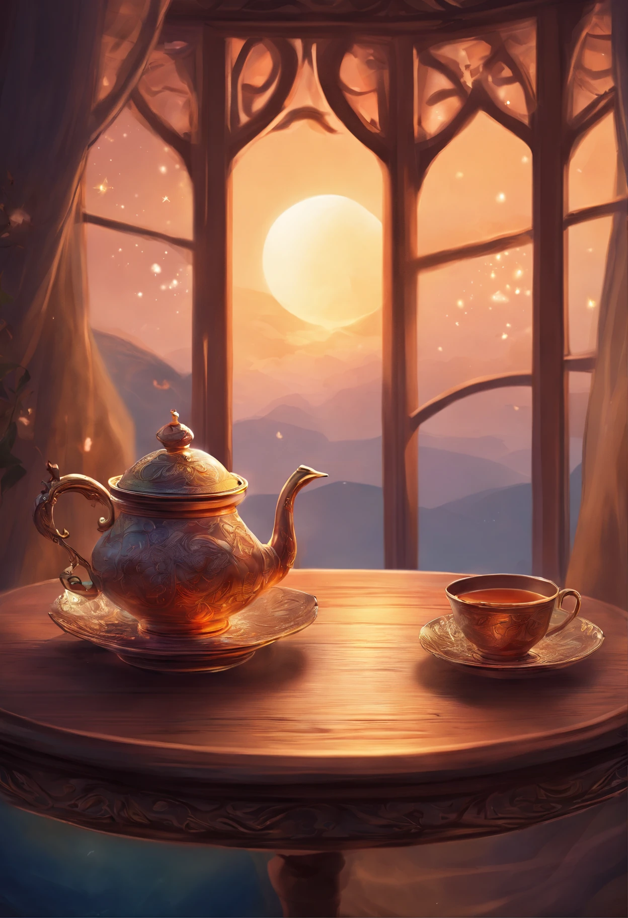 a small cup of tea,vintage wood table,tea set,some dessert,window looking to the moon,illustration,detailed,highres,(realistic:1.37),warm colors,soft lighting