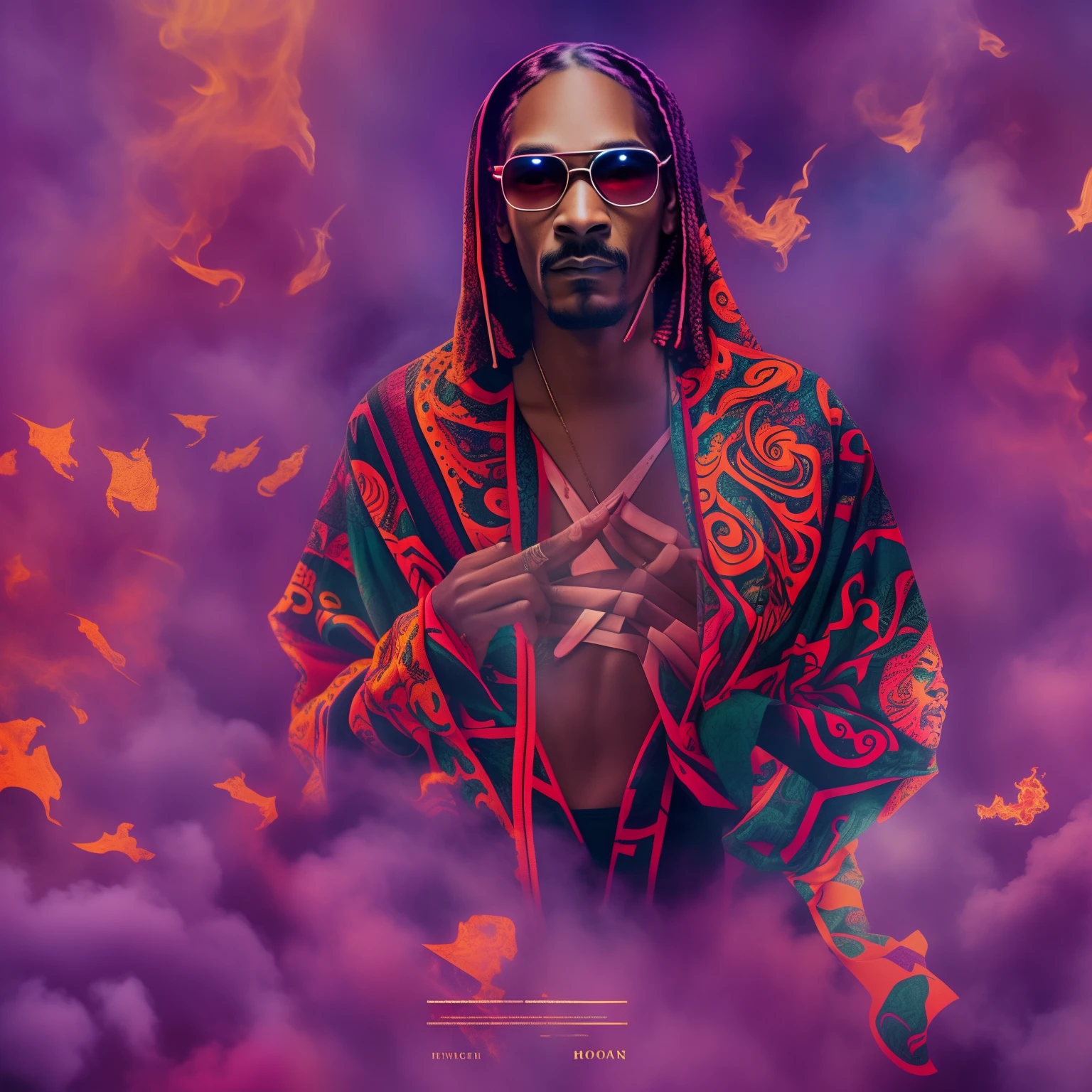 In the depths of the image emerges the iconic Snoop Dog, immersed in a haze of smoke as he indulges in the finest herbs. His presence defies convention, emanating an aura that captivates and intrigues. Adorned with an extraordinary and vibrant ensemble, Snoop Dog's attire embodies a fusion of artistic expression and cultural significance. As the eye explores the scene, intricate patterns and vibrant colors intertwine, creating a mesmerizing backdrop of artistic weeds. Each stroke of detail breathes life into the image, transcending boundaries and transporting viewers into a realm where creativity knows no limits. The swirling smoke and vibrant hues blend harmoniously, giving birth to a captivating and immersive experience. Prepare to be captivated by the lifelike representation of Snoop Dog, as he stands in all his glory, exuding an energy that pulses through the image itself. The interplay of incredible colors and meticulous attention to detail bring this hyper-realistic portrayal to life, inviting you to embrace the world of artistic expression and celebrate the unique presence of Snoop Dog. Step into a realm where creativity and individuality reign supreme, as Snoop Dog's legendary persona merges with the incredible artistic weeds that surround him. Lose yourself in the vibrant atmosphere, where art and cannabis converge, and witness the undeniable allure of this extraordinary scene.hyper realistic.32k