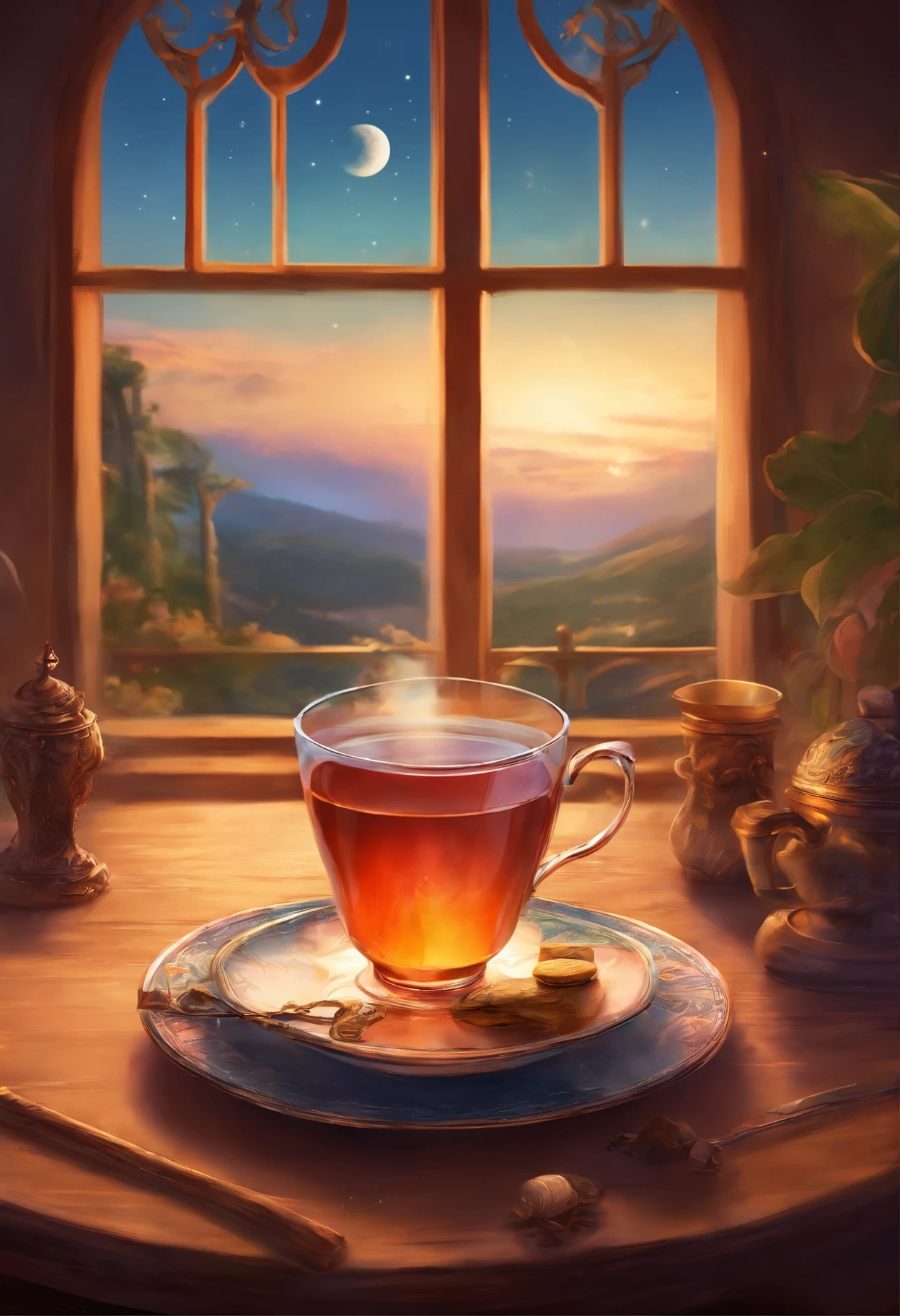 a small cup of tea,vintage wood table,tea set,some dessert,window looking to the moon,illustration,detailed,highres,(realistic:1.37),warm colors,soft lighting