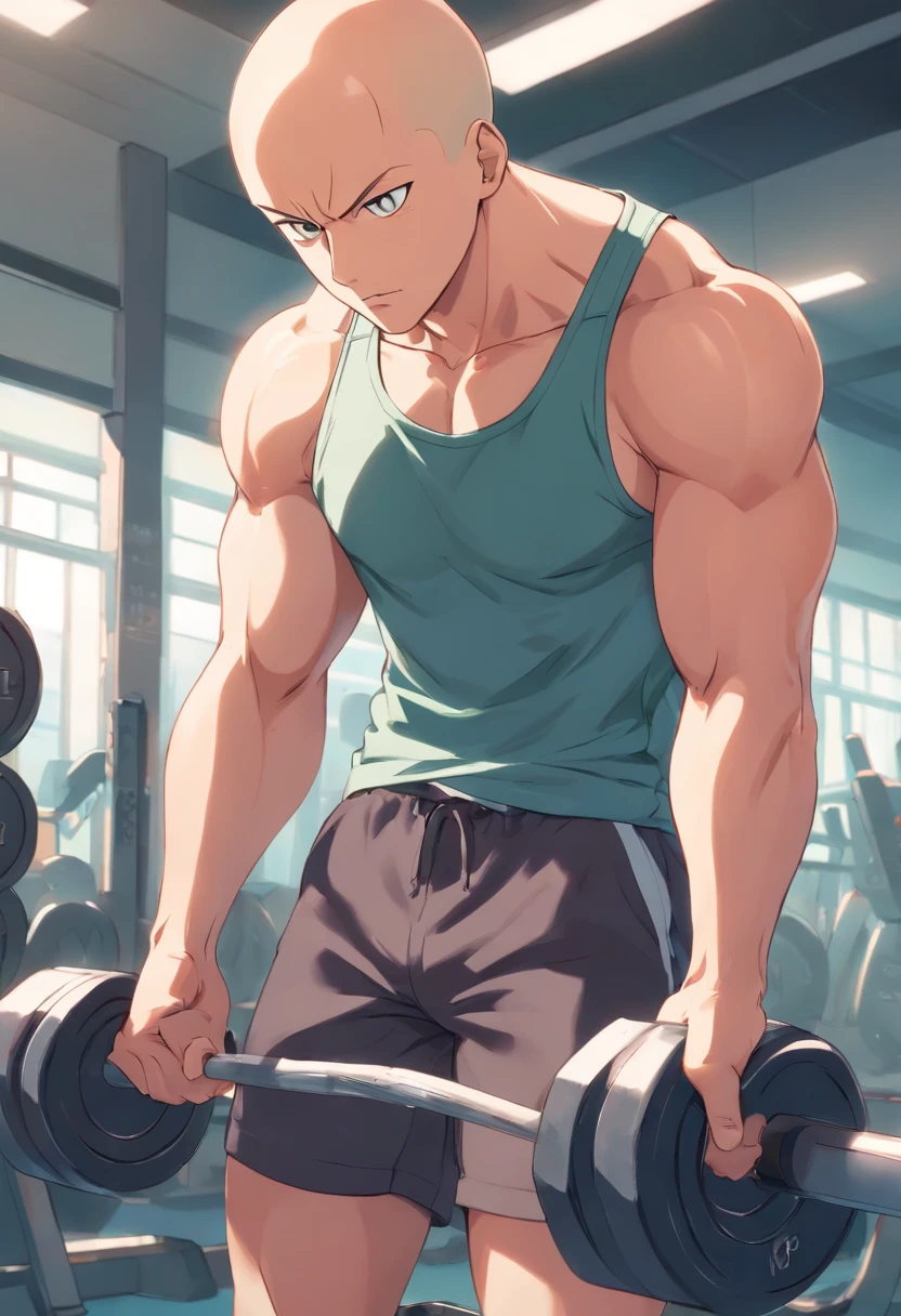 a detailed illustration of Saitama in gym clothes training intensely in a bodybuilding gym, corpo inteiro
