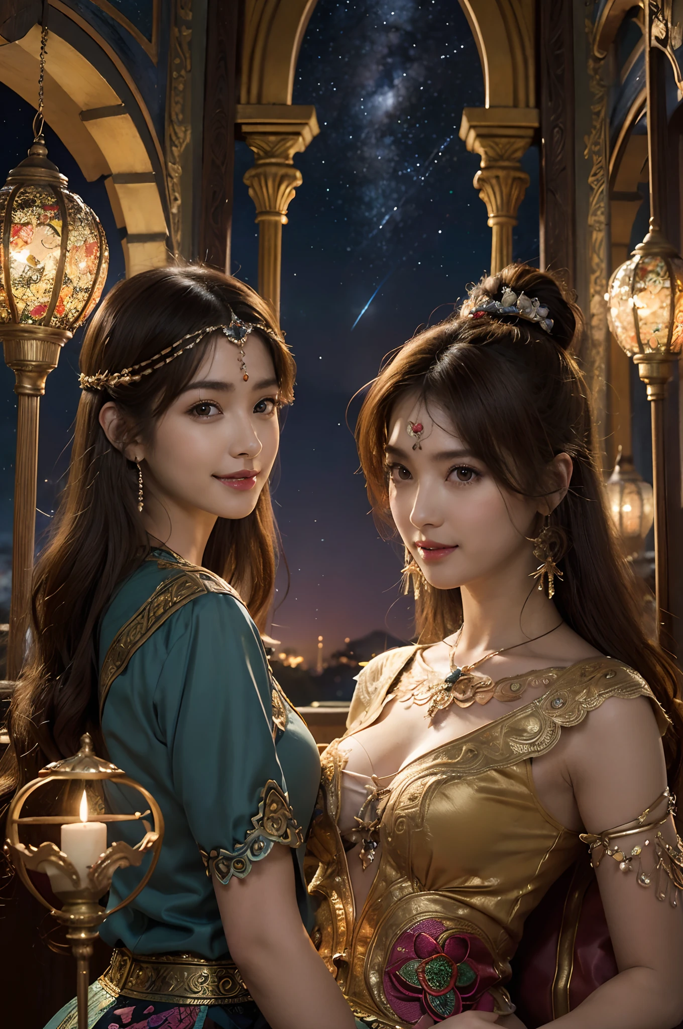 Smiling,Face focus,(alebrijes art style), Meteor shower in the starry sky, a couple of lesbians sitting together looking at the stars,lewd,leering:1.3,Masterpiece, Best quality, intricately details, absurderes,,(ulzzang-6500-v1.3,pureeroface_v1,octane render)