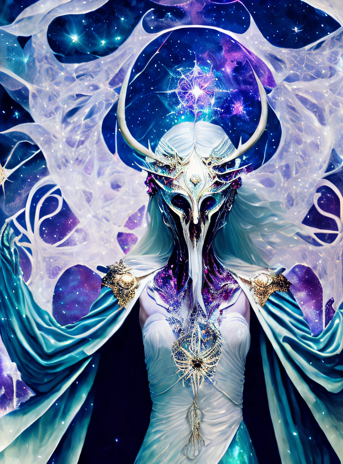 a stern Eldritch ancient god in the storm at night, draped in cloak of stars, [[Sophia Anne Caruso]], [Zendaya], translucent ivory masquerade mask of Eldritch horror, erotic pose, closed eyes, cinematic lighting, (by (Daniel Mernagh) (Carne Griffiths) Monika Nowak), highly detailed, detailed face, soft body, alien