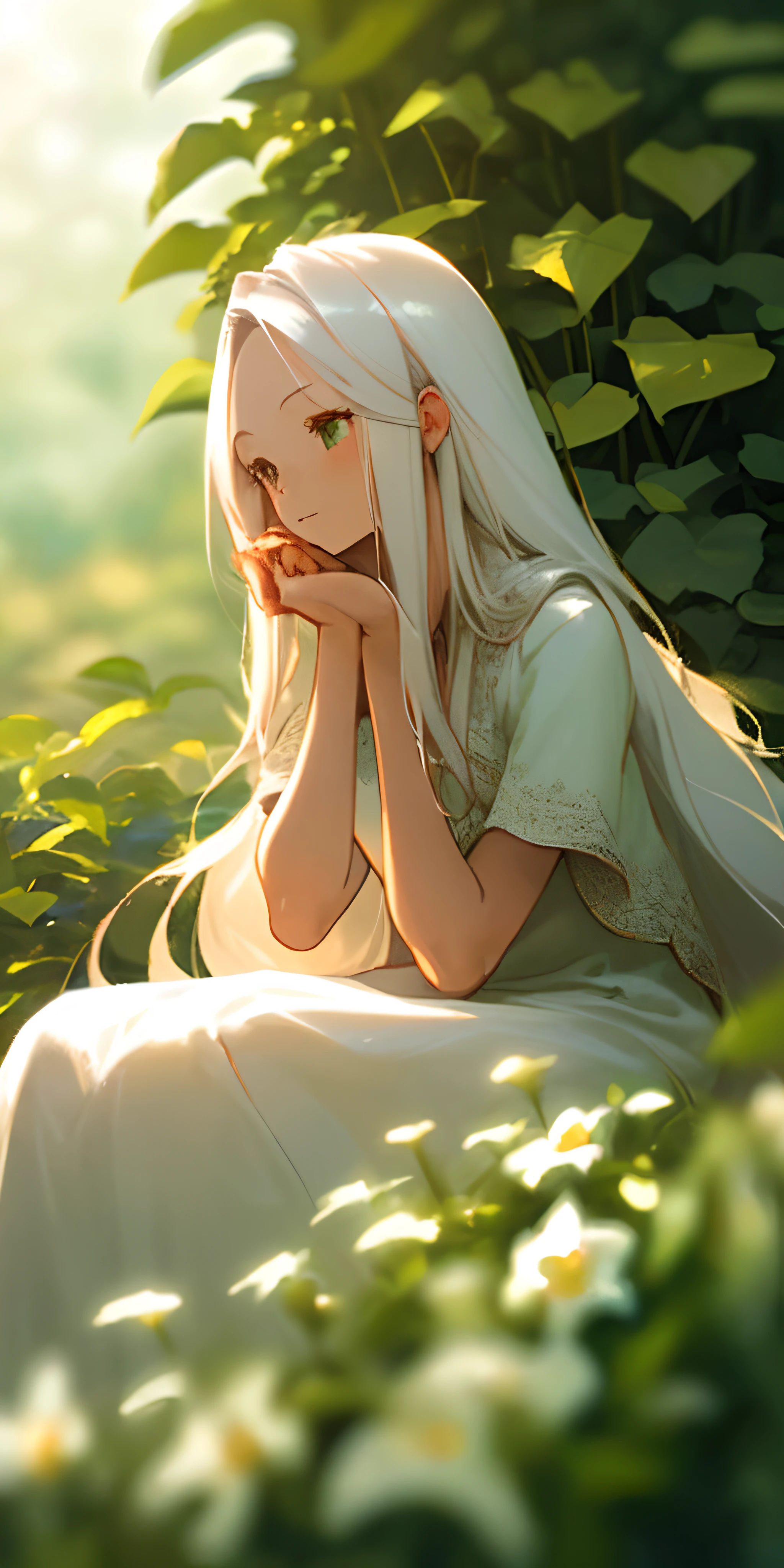 (masterpiece, best quality),1girl with long white hair sitting in a field of green plants and flowers, her hand under her chin, warm lighting, white dress, blurry foreground