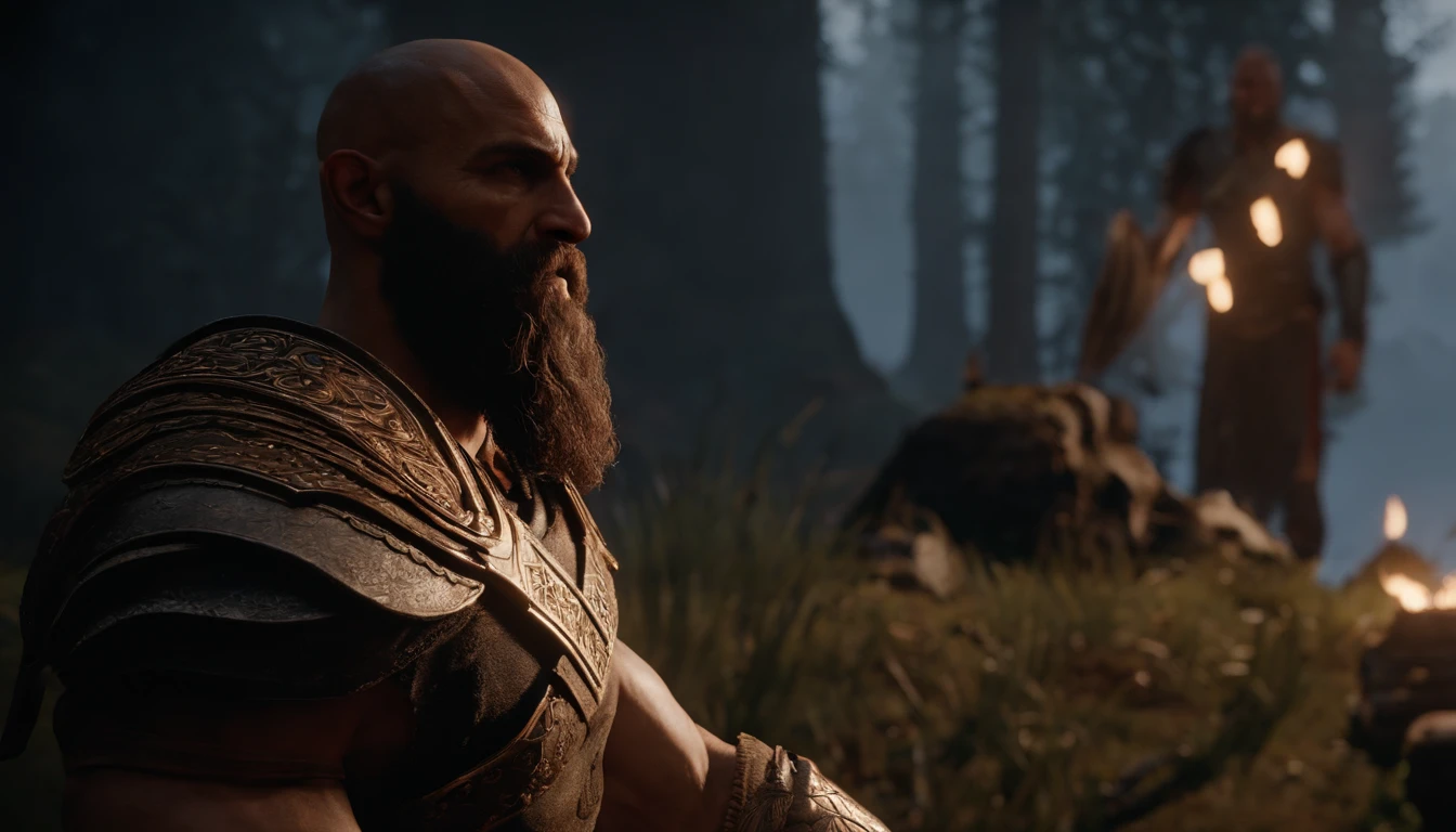 um homem com uma coroa e uma barba ao lado de um homem com barba, filme ainda de god of war, Elden Ring Cinematic Lighting, cinematic unreal engine 5, unreal engine 5 render dramatic, ainda de um filme de fantasia, Unreal Engine 5 altamente renderizado, with cinematic lighting, Unreal Engine 5 4 K UHD imagem, Unreal Motor 5 », Cinematic Shot!