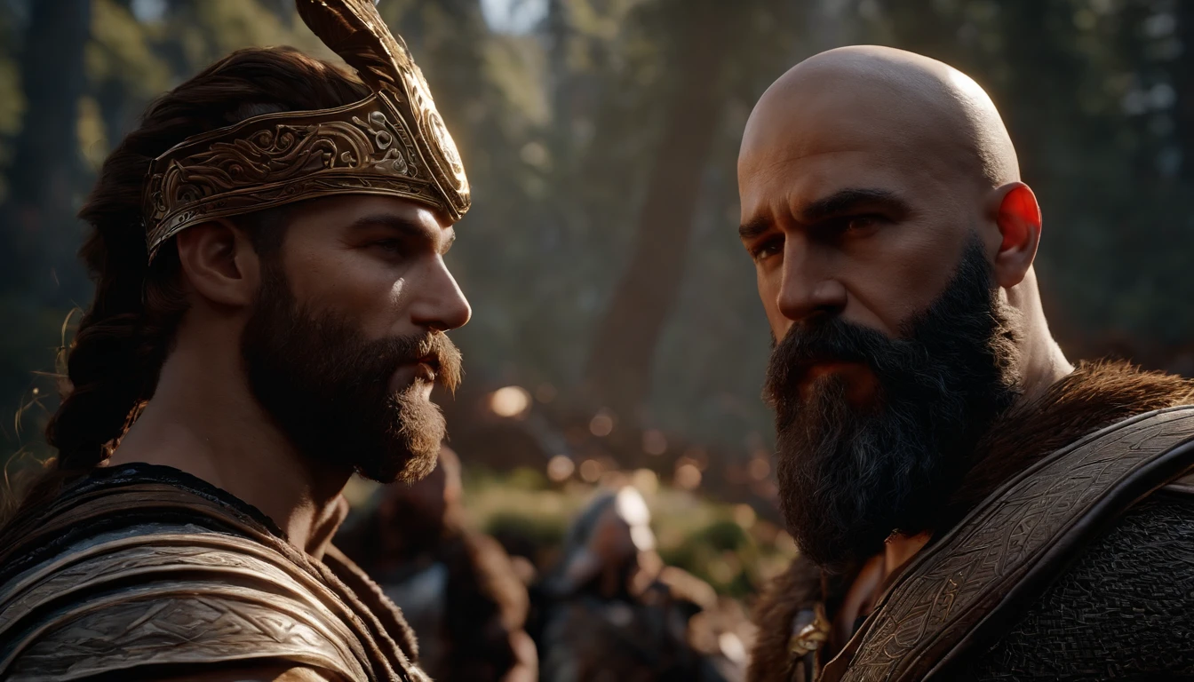 um homem com uma coroa e uma barba ao lado de um homem com barba, filme ainda de god of war, Elden Ring Cinematic Lighting, cinematic unreal engine 5, unreal engine 5 render dramatic, ainda de um filme de fantasia, Unreal Engine 5 altamente renderizado, with cinematic lighting, Unreal Engine 5 4 K UHD imagem, Unreal Motor 5 », Cinematic Shot!