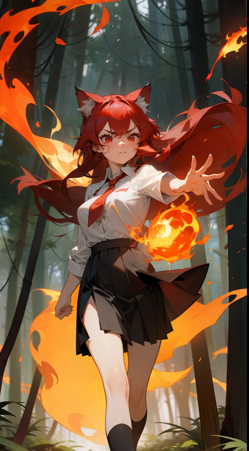 1girl ,20s,angry face,white shirt,black skirt,medium tits,red hair,long hair,red eyes,Cat ears(((walking in a forest))),(((casting magic fire,hides arms))),masterpiece,hd,4k