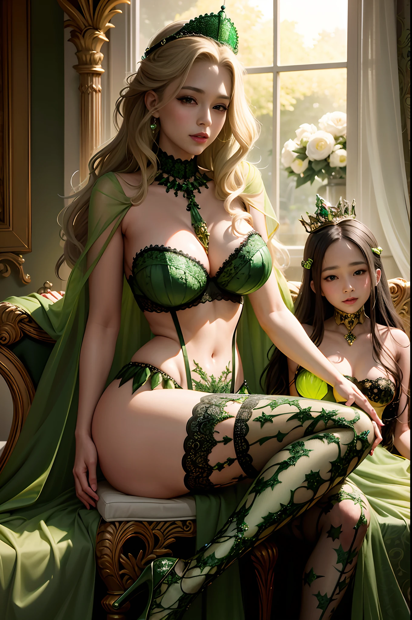 there are two women in lingersuits sitting on a chair, loish and wlop, wlop and ross tran, fantasy art behance, fantasy art style, wlop and artgerm, wlop and sakimichan, with ivy, ((a beautiful fantasy empress)), beautiful fantasy art, artgerm and wlop, wlop and rossdraws, (ulzzang-6500:1)