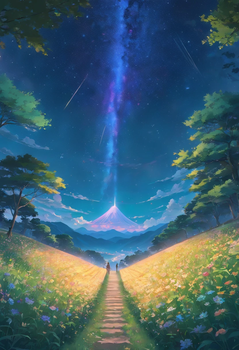 Expansive landscape photograph,(look from down,Above is the sky,Below are open fields),Many people sit on the flower field and look up,nigth,Many Kong Ming lanterns float in the sky,(moon full:1.2),(Starcloud:1.3),Far Mountain, Tree BREAK making art,(Warm light source:1.2),(glowworm:1.2),Complicated details,(best qualtiy),4K,ultra - detailed,(dynamic compositions:1.4),detail-rich,plethora of colors,(Irridescent color:1.2)