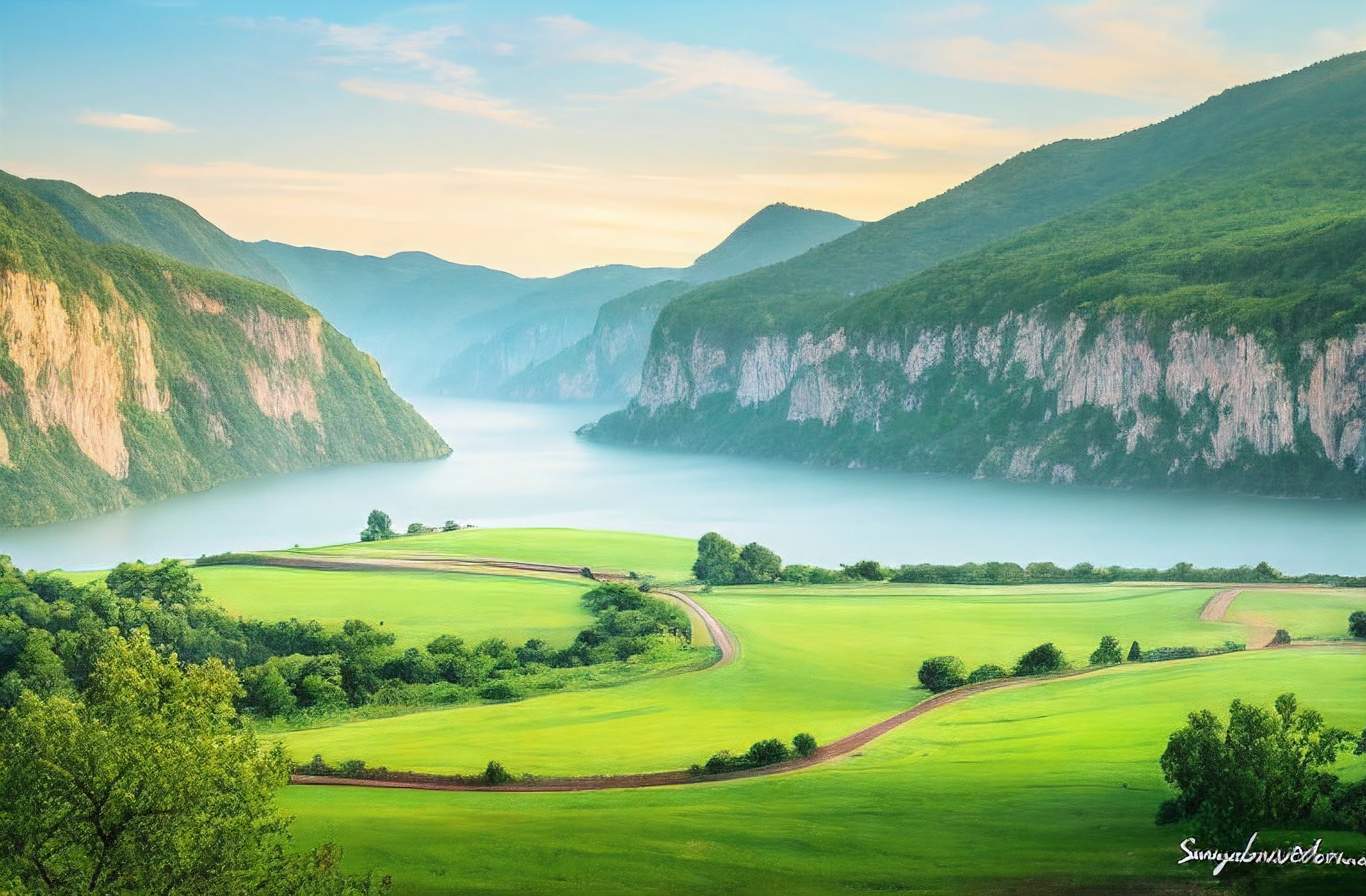 Masterpiece, ultimate quality, Cg unity 8k wallpaper, super delicate, beautiful sky and clouds, rich natural scenery, cliffs, lakes and rivers, waterfalls and flying water, beautiful green mountains, no trace of people, excellent scenery, has already won a photo contest, background Blurring, full depth of field, HDR high dynamics, true restoration, intricate, extreme details, dramatic presentation, perfectly presenting the style of midjourney art.