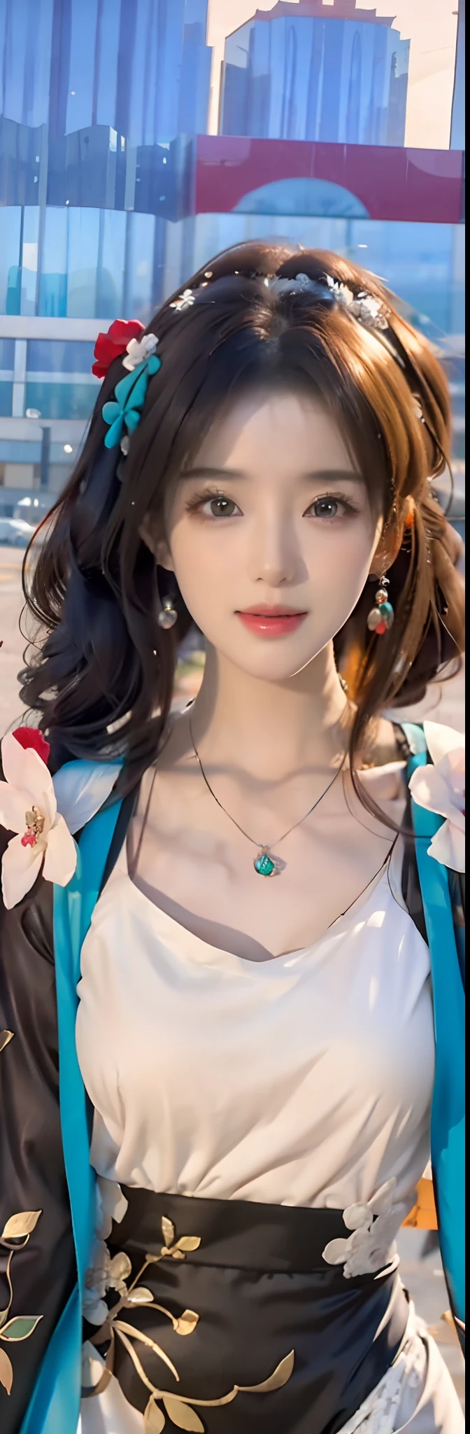 (Best quality, Ultra-detailed, photo-realistic:1.37), 3D anime style girl with green wavy curls, A delicate facial feature,Girl with long eyelashes, Bright red eyes reflect light, full pouty lips, A colorful crystal necklace, Black cheongsam dress,white trim, Peony pattern on clothes, Clear black border thigh stockings, and ultra-wide-angle anime shots.