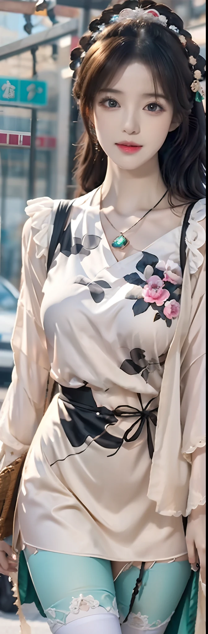 (Best quality, Ultra-detailed, photo-realistic:1.37), 3D anime style girl with green wavy curls, A delicate facial feature,Girl with long eyelashes, Bright red eyes reflect light, full pouty lips, A colorful crystal necklace, Black cheongsam dress,white trim, Peony pattern on clothes, Clear black border thigh stockings, and ultra-wide-angle anime shots.