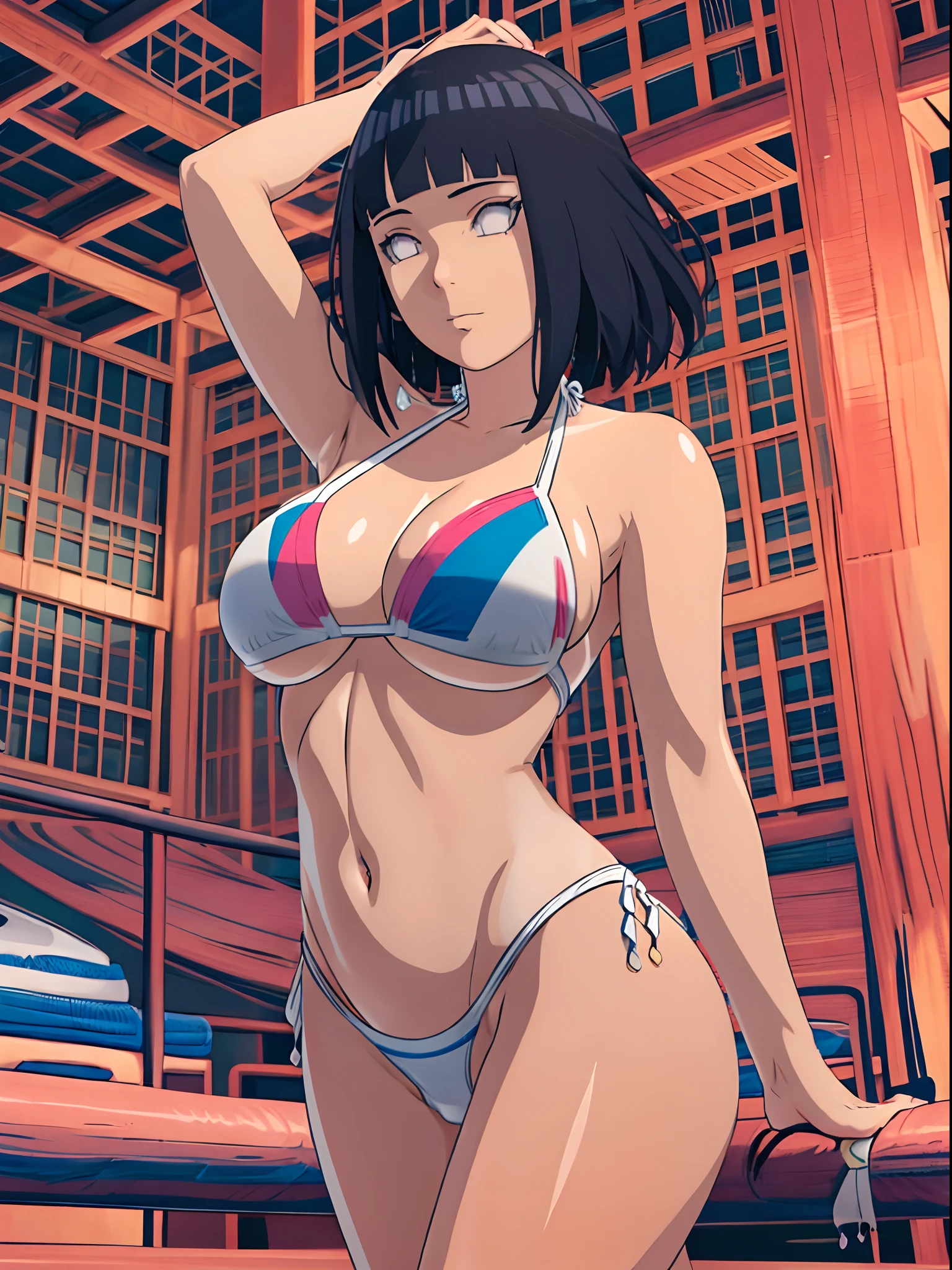 (WALLPAPER, (hinata\(boruto\), (((1 girl, ((((white bikini)))), lean forward , )), masterpiece, 4k, vector coloring, (from below view), ( location: in wrestling ring with crowd watching)), (high color saturation), contrast lighting, mature female, (curvy:0.8), solo, anime style, sharp focus, professional artwork, intricate details, colorful, vibrant colors, vivid colors, digital blending, ultra detailed body, ultra detail hair, ultra detail face, trending on pixiv, very hot colors, ((())), detailed bold arm lines, high color saturation, bold lines, bold drawing lines), (head tilt), open mouth, happy),
((dark blue hair color:1.1), wavy hair, ((short hair, hime cut)),
(white skin, (fair skin), slender body, milf, perfect face),
(legs, big breasts, off-shoulders, (detailed shoulders, detailed arm lines)),