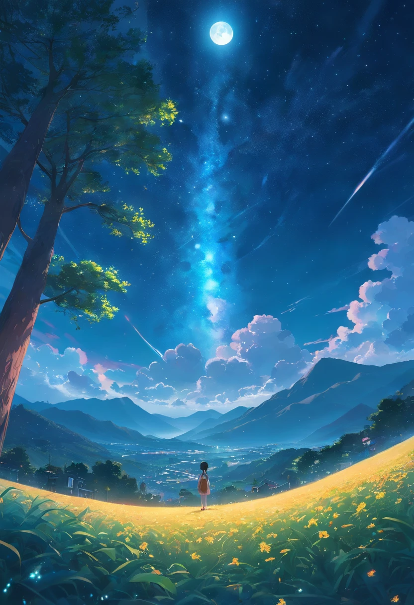 Expansive landscape photograph，（look from down，Above is the sky，Below are open fields），mid-autumn festival，Many people sit on the flower field and look up，nigth，Many Kong Ming lanterns float in the sky，（moon full：1.2），（Starcloud：1.3），Far Mountain, Tree BREAK making art，（Warm light source：1.2），（glowworm：1.2），Complicated details，（best qualtiy），4K，ultra - detailed，（dynamic compositions：1.4），detail-rich，plethora of colors，（Irridescent color：1.2）