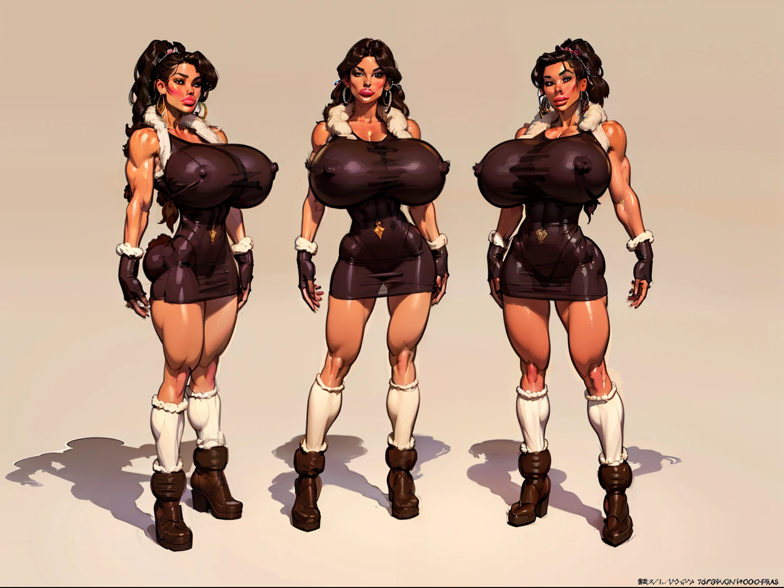 ((masterpiece)),(((best quality))),((character design sheet)), ((full body view)) ((native american girl)) mature face, defined cheekbones, high cheekbones, illustration, native girl, muscular, ((buckskins:1.4)), sexy bimbo, (gigantic breasts:1.7) black hair, ((detailed face:1.4)) beautiful woman, (Fringe clothing:1.4), (thick fur leg warmers:1.6), (beaded moccasins:1.4) (ribbon dresses:1.3) , shiny skin, scribbles and marks,(puffy lips:1.4) , rough sketches, pose, 8k,16k, (simple background, white background: 1.3) beige color palette, brown legs, brown arms, brown face