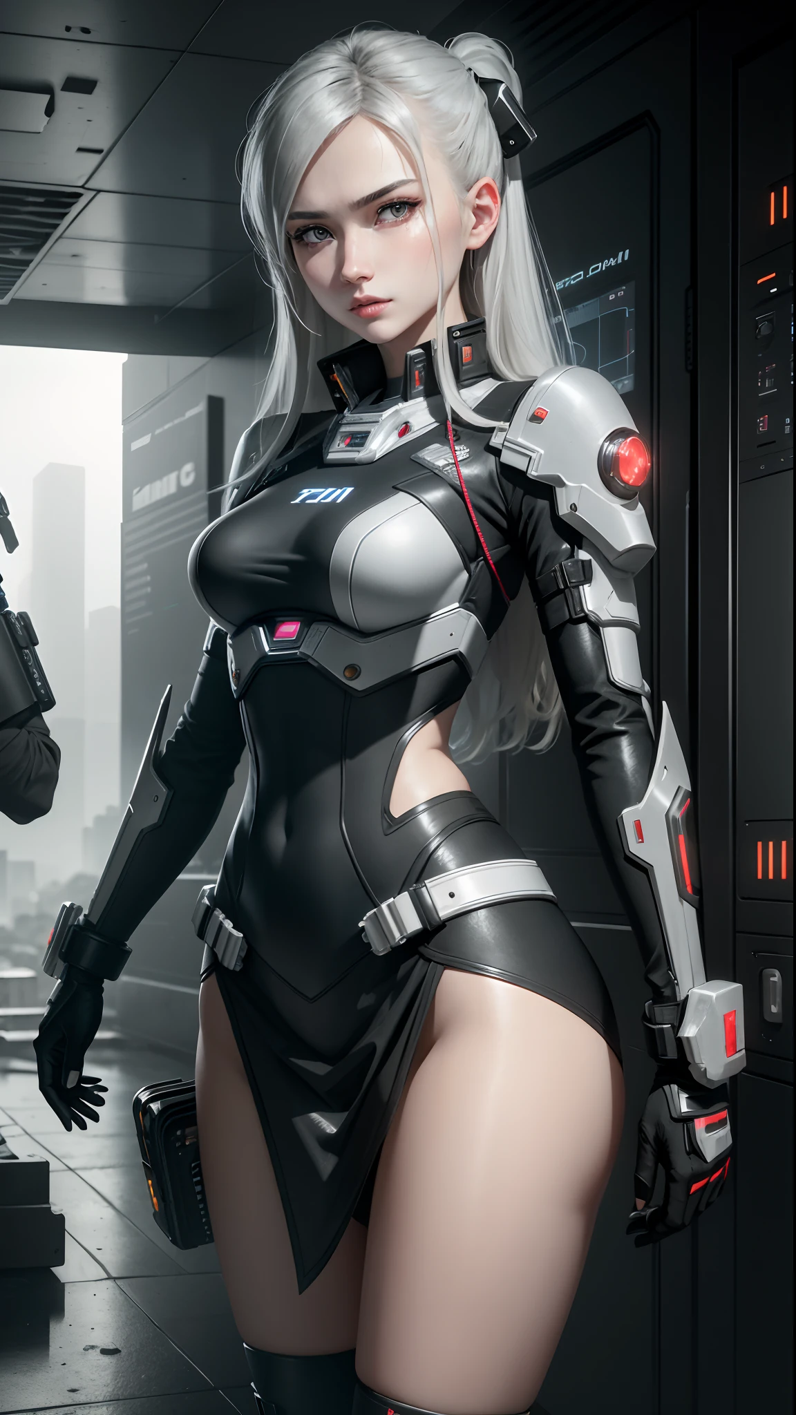 wearing black suit and mini tight skirt, anime style, (8k, RAW photo, best quality, masterpiece:1.2), a girl with calm and rational personality, demonstrating a loyal and efficient approach to her tasks, human-like aspect to her, possess emotions and empathy, leadership and cooperation would be crucial traits for her in order to support the mercenaries effectively, 6-foot-tall mechanical being with a silver metallic exterior, boasts a futuristic design, wears a black bodysuit with the emblem, sports data control gloves on her wrists, with small hardware interfaces on her fingertips, A small wing-like device is attached to her back, serving as equipment for high-speed movement and flight, waist carries a belt containing communication devices, hacking tools, and other accessories, ((Best quality)), ((masterpiece)), (highly detailed:1.3), 3D,Shitu-mecha, beautiful cyberpunk women with her mecha in the ruins of city from a forgoten war, ancient technology,HDR (High Dynamic Range),Ray Tracing,NVIDIA RTX,Super-Resolution,Unreal 5,Subsurface scattering,PBR Texturing,Post-processing,Anisotropic Filtering,Depth-of-field,Maximum clarity and sharpness,Multi-layered textures,Albedo and Specular maps,Surface shading,Accurate simulation of light-material interaction,Perfect proportions,Octane Render,Two-tone lighting,Low ISO,White balance,Rule of thirds,Wide aperature,8K RAW,Efficient Sub-Pixel,sub-pixel convolution,luminescent particles,light scattering,Tyndall effect