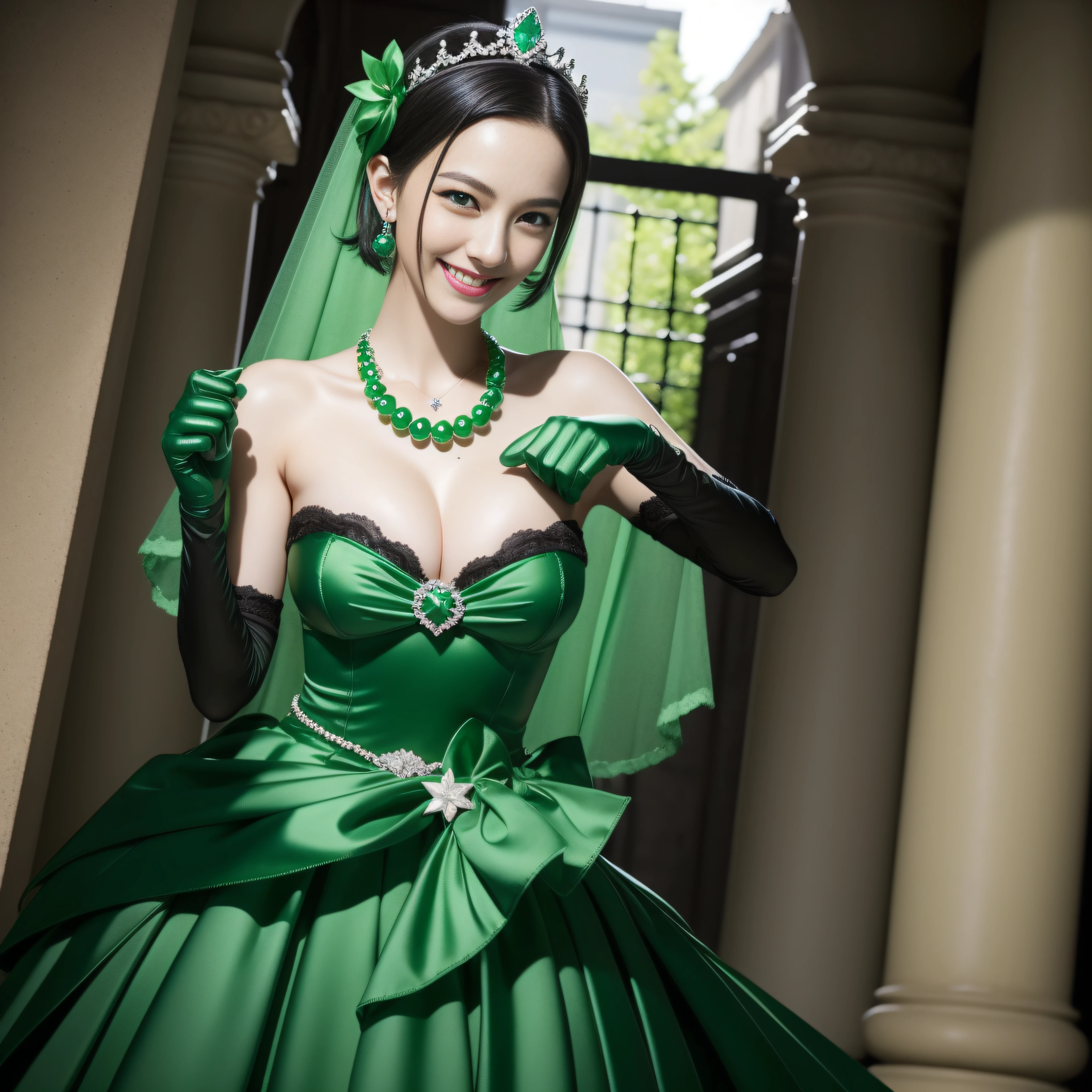 emerald tiara, Green Pearl Necklace, Boyish very short black hair, lipsticks, Japan woman smiling, very short short hair, fist, big breasts beautiful, Green eyes, Long green gloves made of satin material