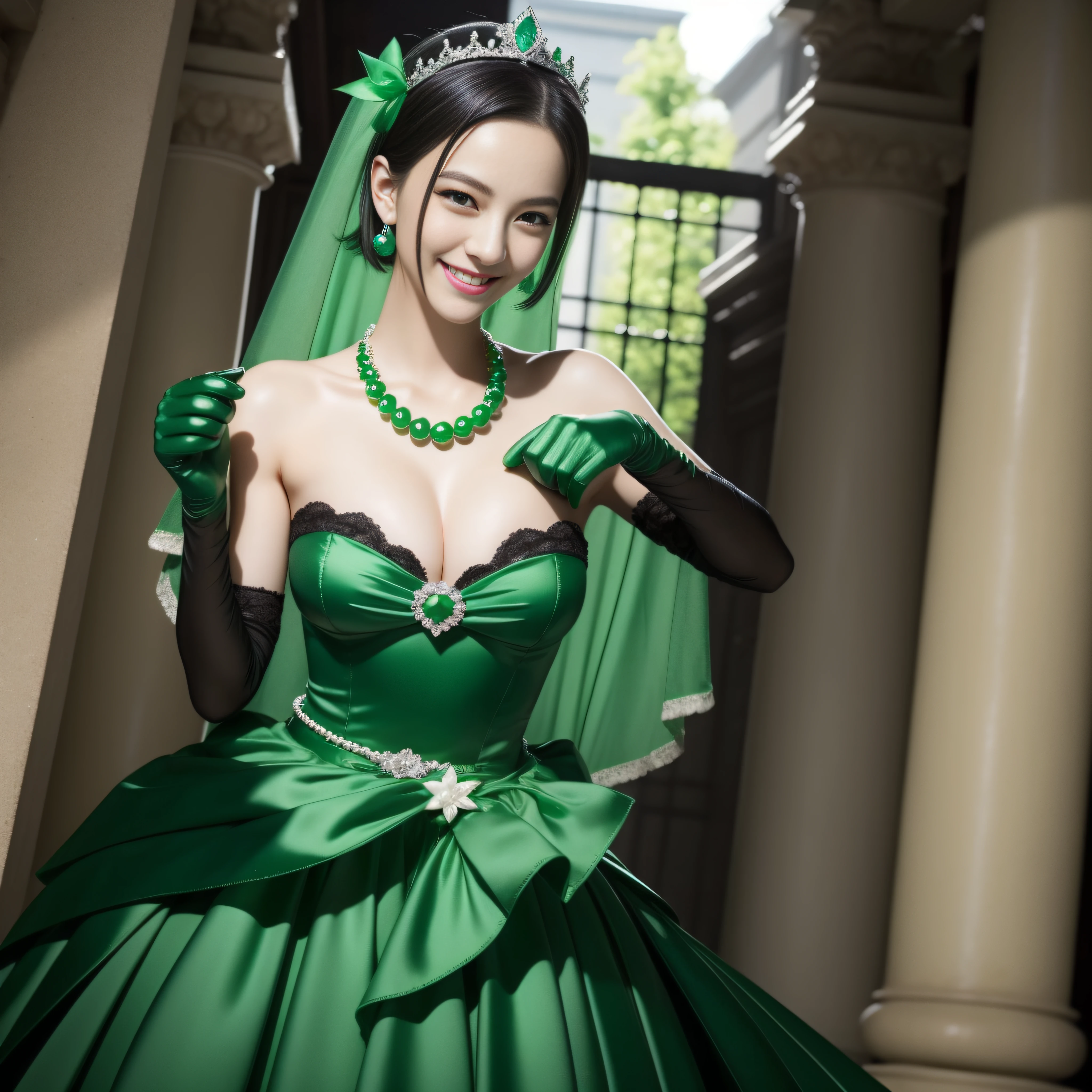 emerald tiara, Green Pearl Necklace, Boyish very short black hair, lipsticks, Japan woman smiling, very short short hair, fist, big breasts beautiful, Green eyes, Long green gloves made of satin material
