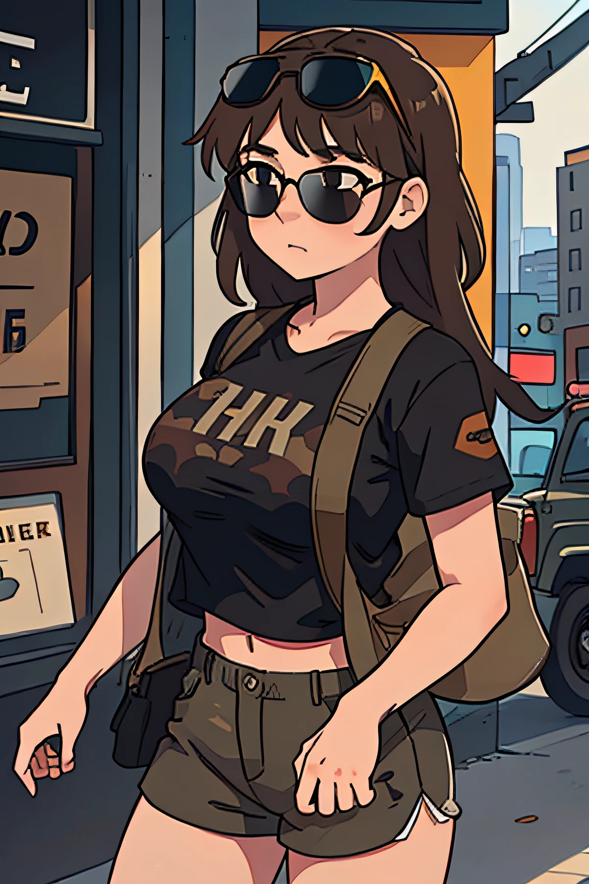 1girl,brown hair,plain black shirt,camo shorts, sunglasses on head,city,ultra HD, 8k,big boobs,