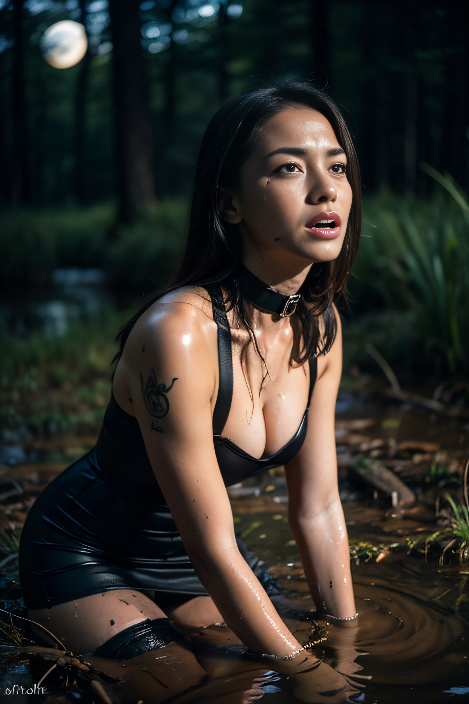 (Hyperrealistic photo, Ultra Detailed, Raw, tmasterpiece), Dark Forest, night time, The forest is illuminated by the moon because of the clouds, ominous red reflections in the distance. Dark ritual, when (A woman drowns in a bog). She is dressed in an ultra-short tight dress with thin straps and stockings with garters. A spiked collar grips her neck tightly. Tatoo. redness of a sweaty face. The face expresses a mixture of despair and intense ecstasy. The woman is desperately trying to reach the surface, but the mud is pulling her down, Woman struggling to get out, but the bog takes her down into its dark embrace,