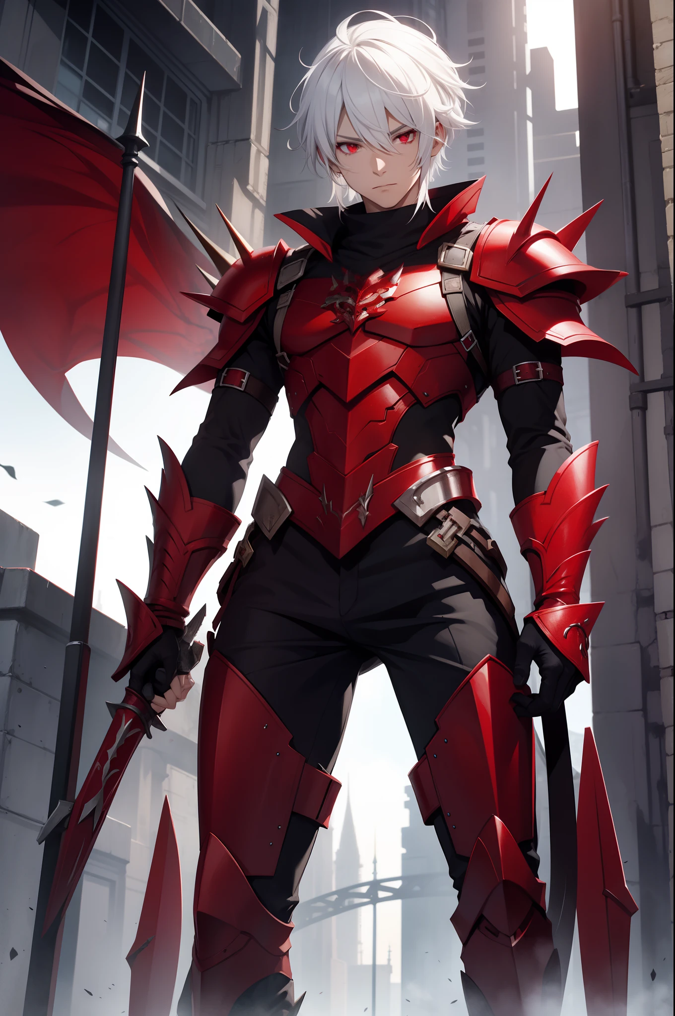 solo male, white hair, red eyes, red armor, fantasy, spikes, slim, form fitting,