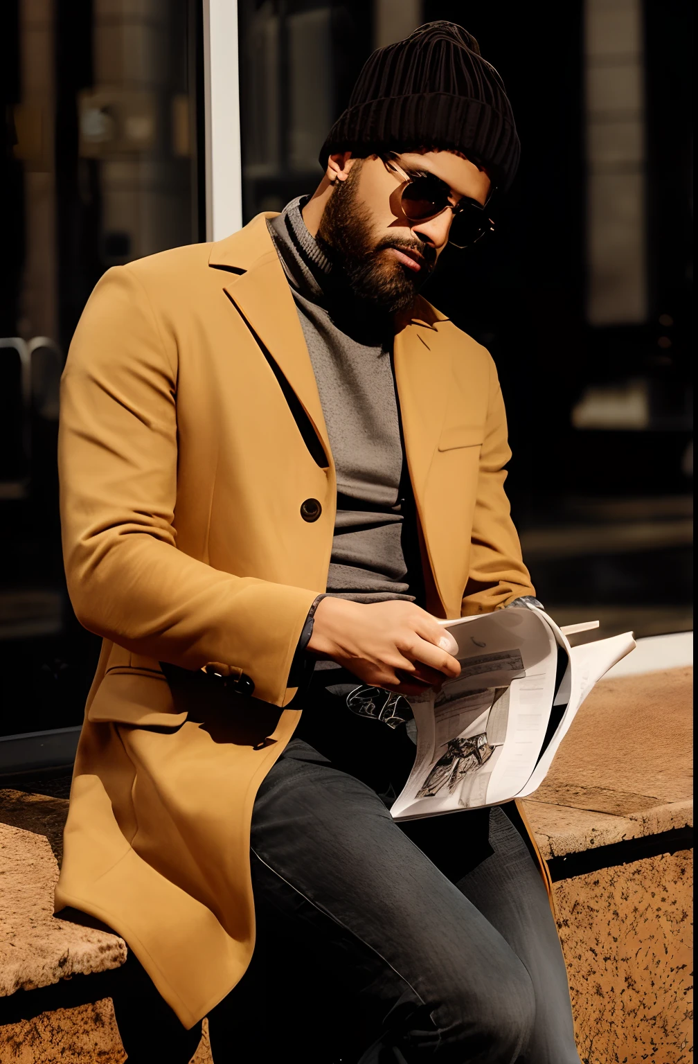 Arafed Man, sitting on the ledge and reading a newspaper, Style by Greg Rutkowski, light brown raincoat, light brown coat, Ochre Details, He is dressed in a raincoat, cloak, trench coat, glamour, Expensive branded clothing, Fashion Magazine, Detailed style, Clothes in warm colors, masculine appeal high fashion, wearing a turtleneck and jacket, higly detailed, medium format, Fashion photography, hipster