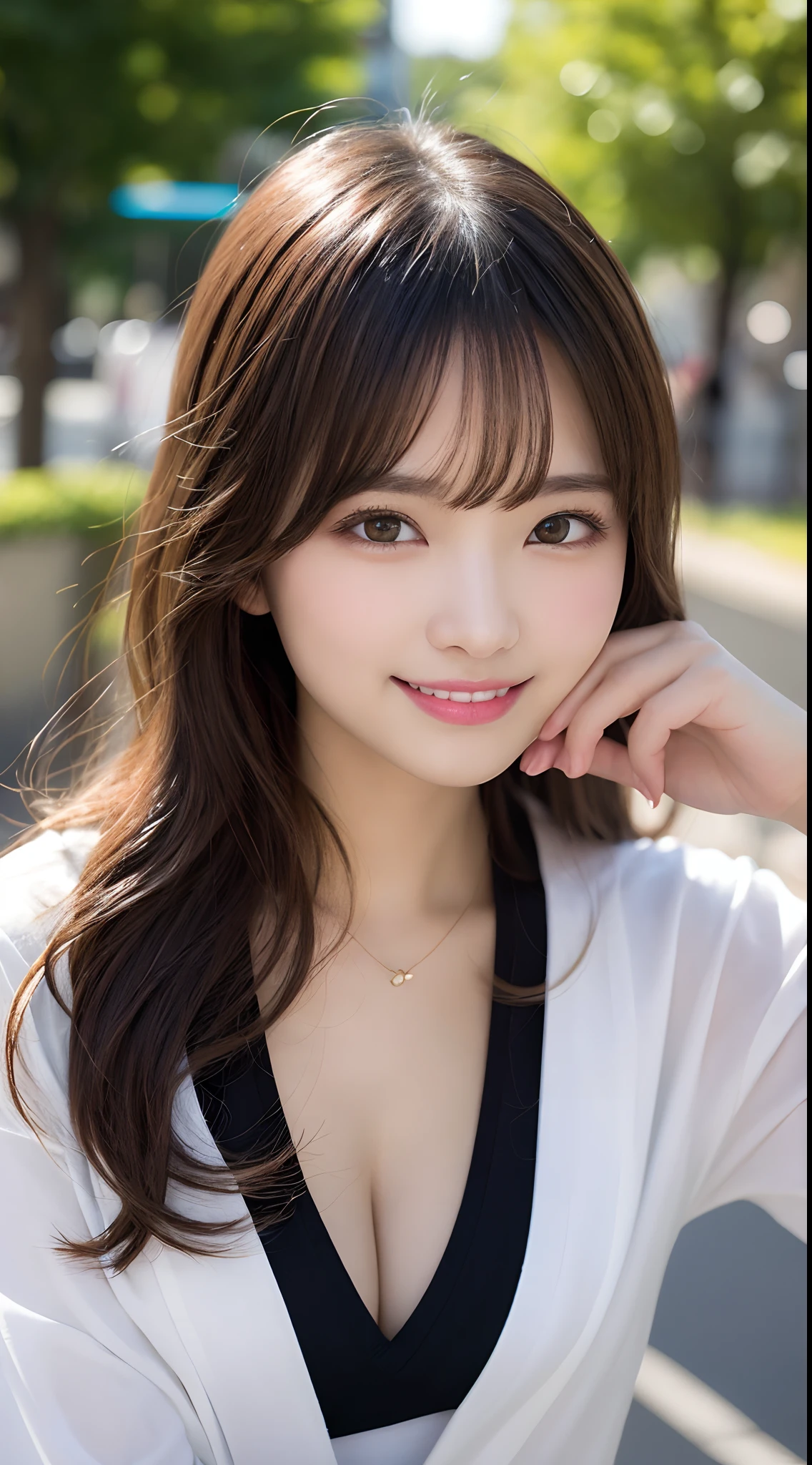 masutepiece, Best Quality, Illustration, Ultra-detailed, finely detail, hight resolution, 8K Wallpaper, Perfect dynamic composition, Beautiful detailed eyes, Women's Fashion Summer,Medium Hair,Small breasts natural color lip, Bold sexy poses,Smile,Harajuku、20 years girl、Cute、Sexy shot looking at camera