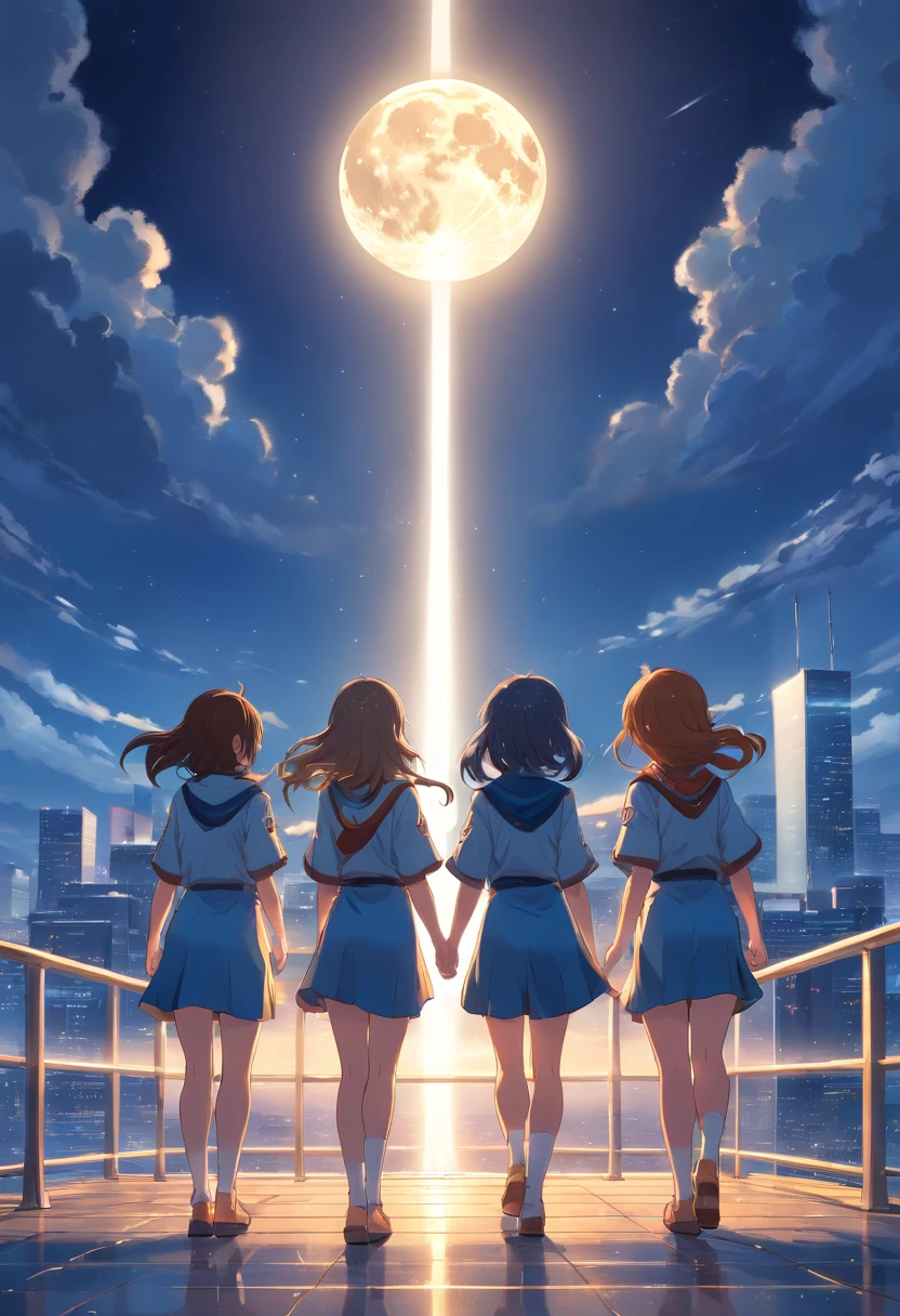 moon full,rainbowing,Four girls with backs(The hair color is silver, Respectively,golden colored,blue colors,brown pubic fur)