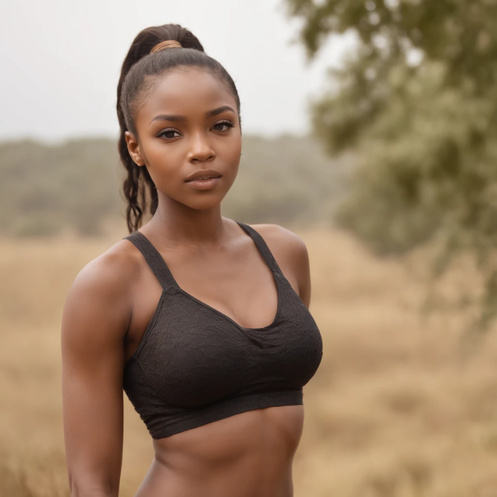 best quality, high detail, (detailed face), detailed eyes,((best quality, masterpiece)), ((2 caramel skinned African girl)), bra, (arms at side:1.2), groin,big hip bones, ponytail, black hair, (((underboob))), standing, outdoors, facing front