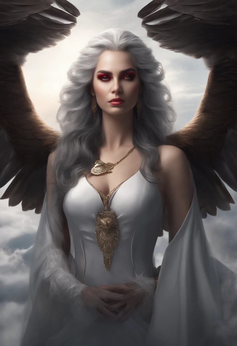 Close-up of a woman flying through the air with her wings,Silver hair,red color eyes,Human face,The body of an eagle, harpy, Hands and legs are like the grip of an eagle, raven winged female vampire, (Ugly 1.5)Eagle body(Succubus:1.2),Gothic horror,(The upper body is a woman, The lower body is an eagle:1.5),A turtle(Human-faced eagle:1.5)Strange bird standing in the night sky,There are clouds and the moon,Fantastical,4K,best qualtiy,primitive, the night,((Ultra-detailed and high-precision details)),(The picture is clear and sharp)