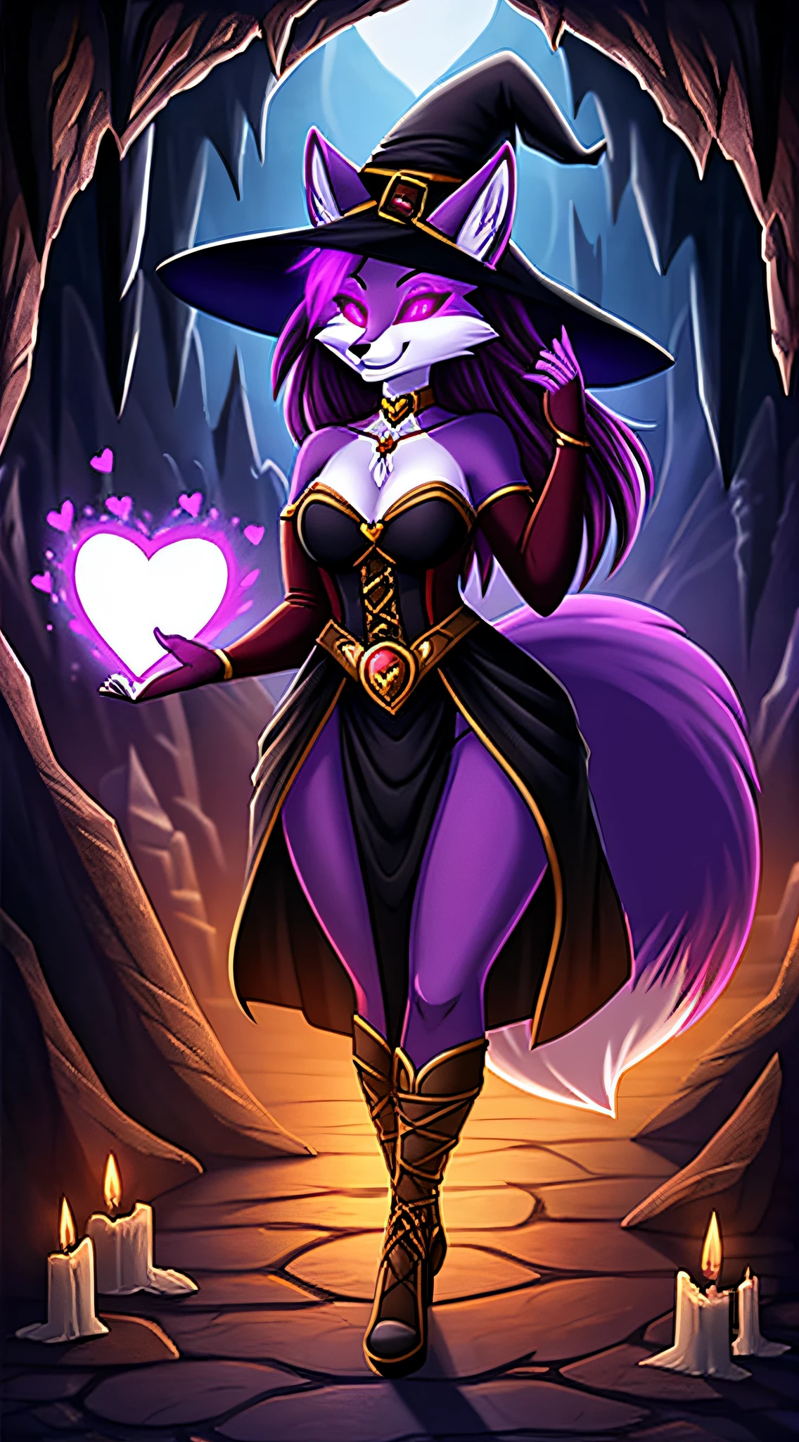 zoomed out image, fantasy style art, attractive, curvy, a shapely and curvy adult feminine anthropomorphic fox, temptress, dark magenta fur, glowing pink heart eyes, heart eyes, using love magic, floating hearts, wearing a witch's outfit, winking with one eye, in a dark cave, creepy, digital illustration