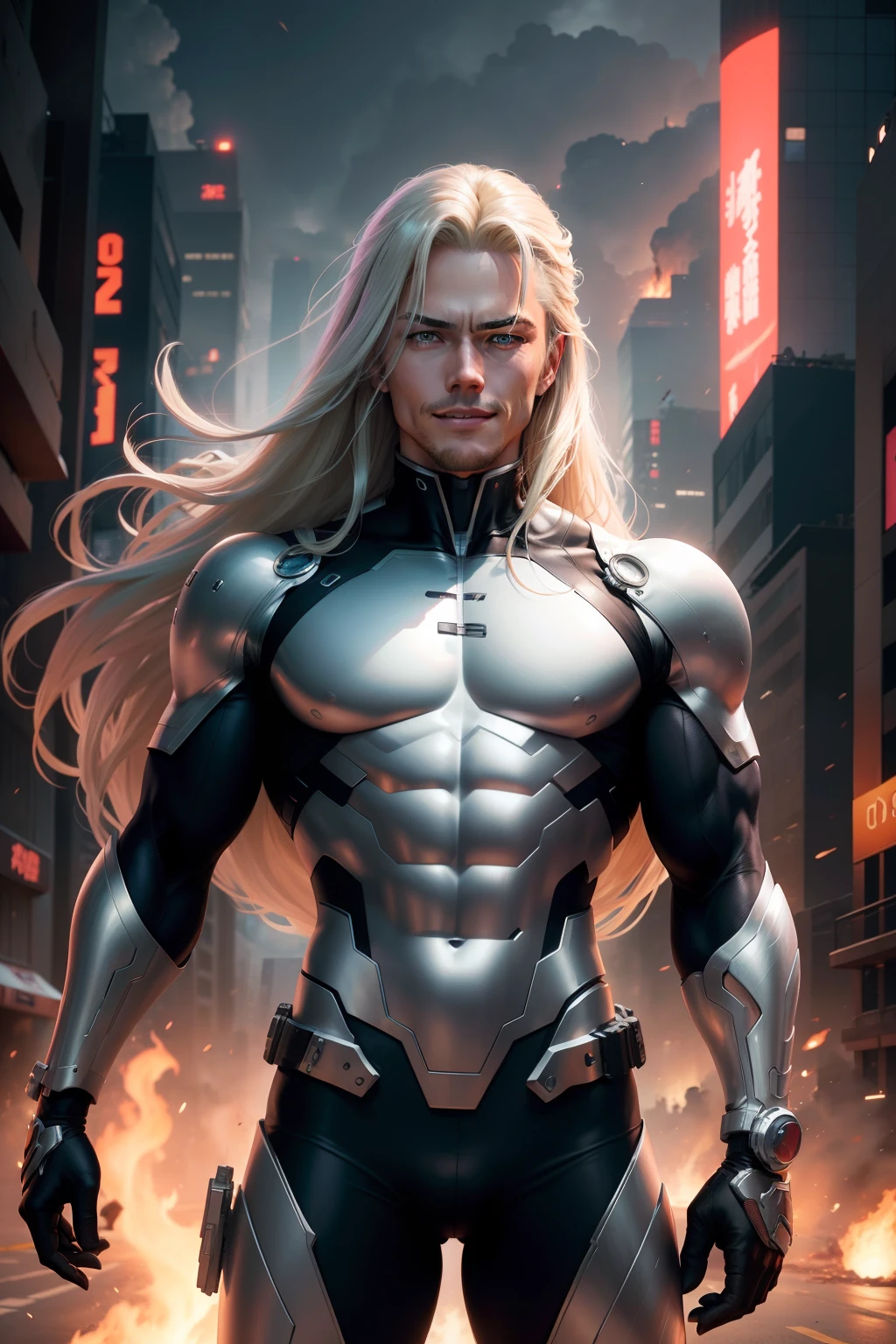 masutepiece、超A high resolution、Powerful images、8K、futuristic city street、In the flames of war、Don Johnson Style Men's、Silver bodysuit、Macho figure、Long blonde hair、Threaten with open hands、Invincible smile、