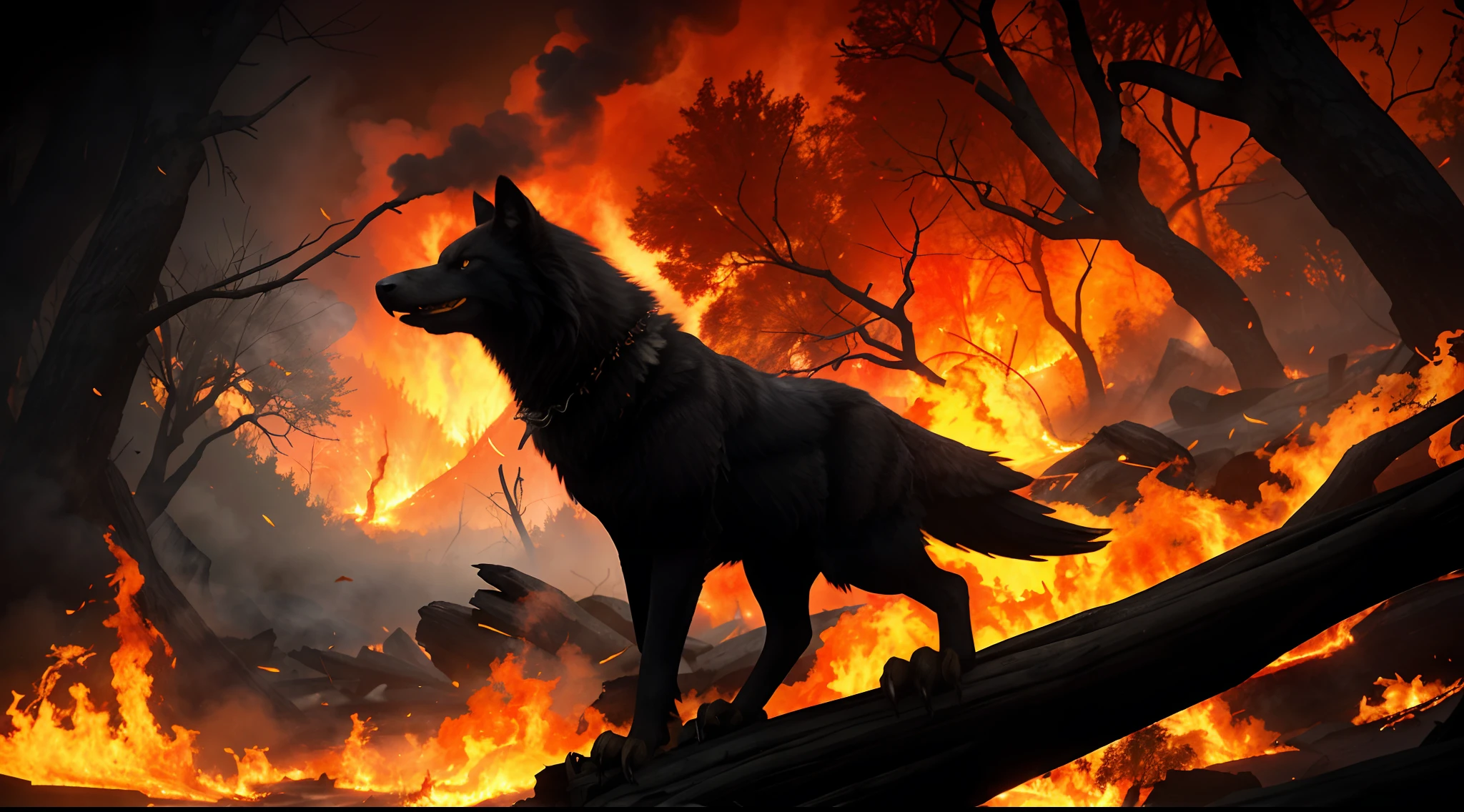 "Generate a high-resolution, Cinematic scene of a forest engulfed in flames during a raging forest fire. Em primeiro plano imediato, Coloque um lobo preto impressionante com olhos amarelos penetrantes. O lobo permanece corajosamente em meio ao caos ardente, exuding an aura of strength and resilience. Empoleirado em um galho ao lado do lobo, There is a magnificent black eagle with sharp, garras cintilantes. The eagle watches over the wolf with a vigilant and regal demeanor, enquanto ambas as criaturas enfrentam o perigo iminente juntas. The sky is full of thick, billowing smoke, Throwing a Stranger, tonalidade laranja-vermelha sobre a paisagem. Gigantic flames are devouring the trees, sending sparks and embers into the air. Os animais da floresta, including the black wolf and the black eagle, are fleeing in panic, and the river in the foreground is churned with smoke and ash. Create an image that captures the intensity and devastation of this wildfire, while emphasizing the presence of the black wolf and the black eagle on the front line;, showing your courage and unity."