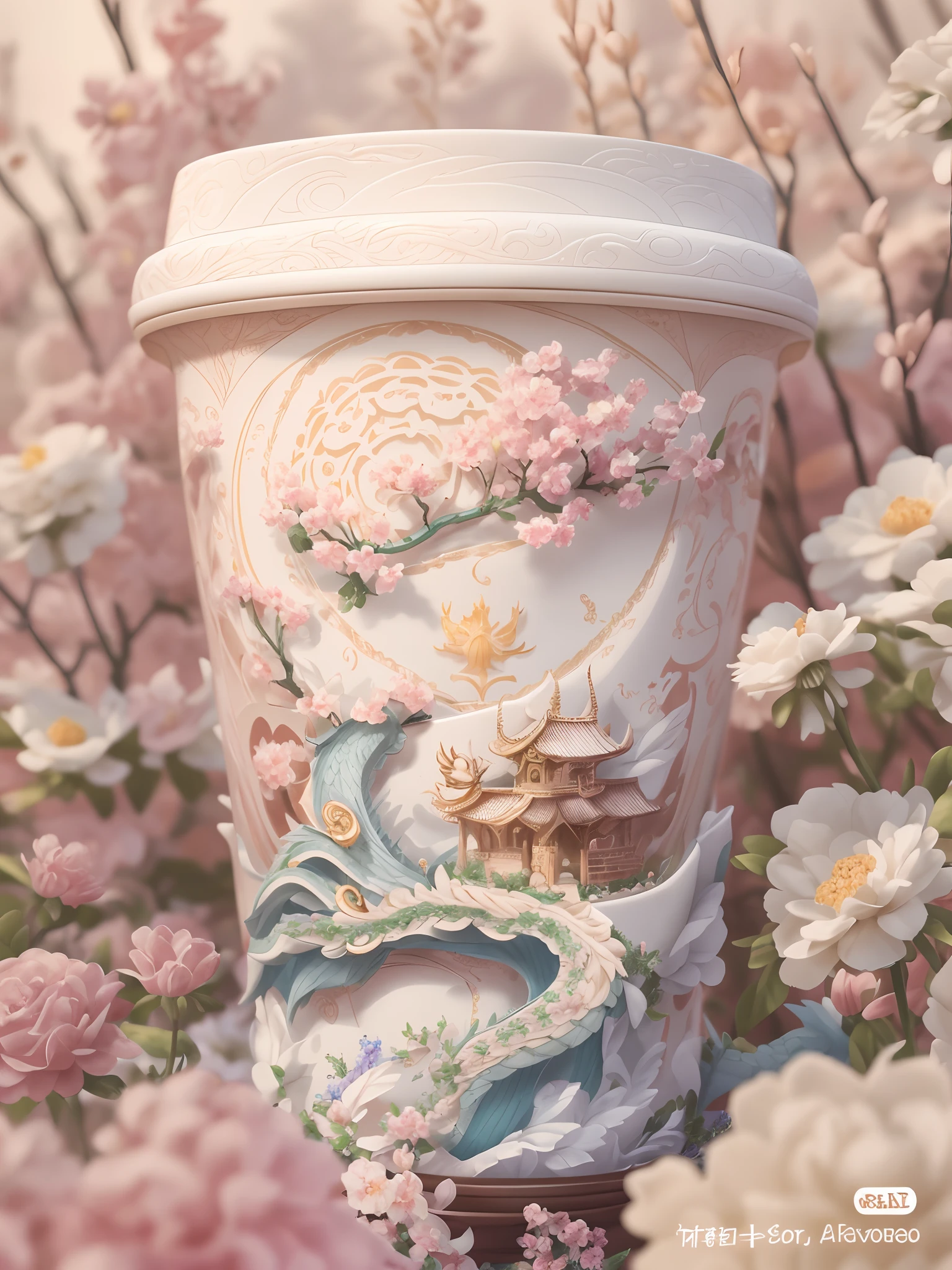 There was a cup of coffee,There is a dragon on it,Surrounded by flowers, Cute detailed digital art, Detailed digital 3D art, 4k highly detailed digital art, Detailed painting 4 K, dreamy and detailed, 8K high quality detailed art, cute detailed artwork, 4 k highly detailed art, intricate ornate anime cgi style, highly detailed digital artwork, Beautiful digital artwork