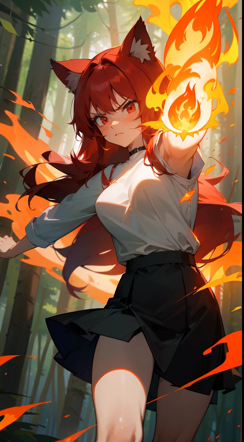 1girl ,20years,angry face,white shirt,black skirt,medium tits,red hair,long hair,red eyes,Cat ears(((walking in a forest))),(((casting magic fire,hides arms))),masterpiece,hd,4k