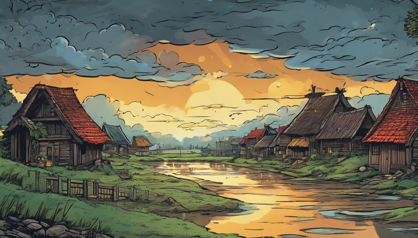dark stormy sky, low-angle view, puddles of rain on the ground, medieval village, destroyed