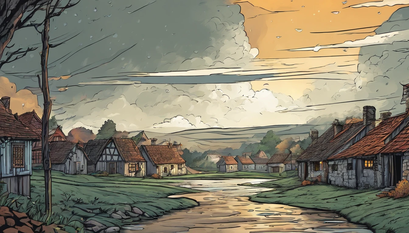 dark stormy sky, low-angle view, puddles of rain on the ground, medieval village, destroyed