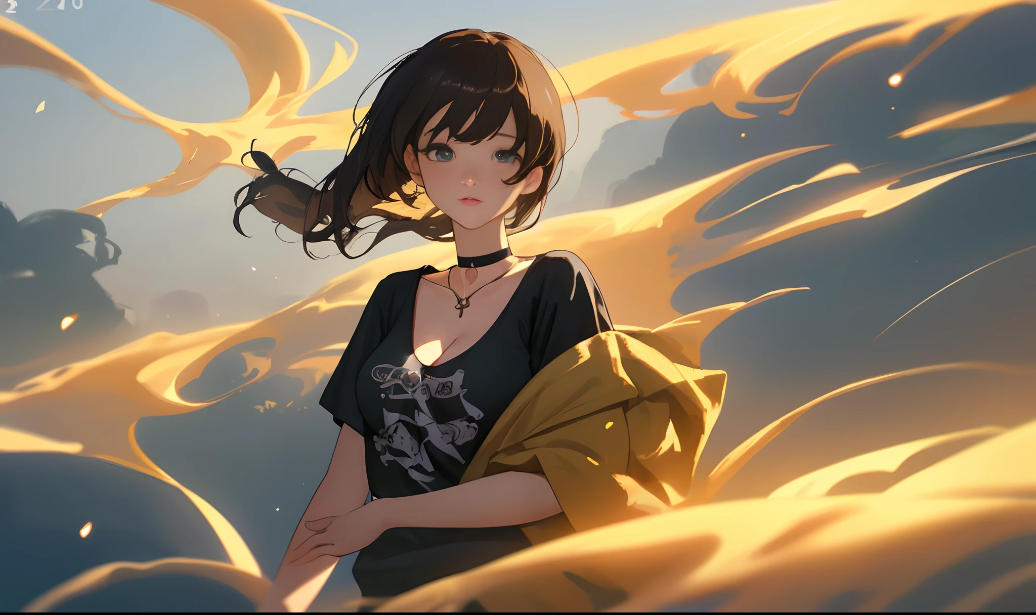 best quality detail:1.2, reality, 8K UHD, High-res, 1girl in:1.2, Special details lurking, High-quality surface, intricately details, A detailed, Very detailed CG, Highqualityshadow, Detailed beautiful delicate face, depiction: Beautiful delicate eyes, Deep depth of field, Thunder thump, in her 20s...., Beautiful Hallyu girl, Korean Urzan face:1.1, Slender face, ulzang-6500-v1.1:0.6, PureErosFace_V1, glowing light eyes, teak, Glossy lips, perfect bodies, choker necklace、Breast cleavage、 Brunette hair、Ponytel:1.1, Road, Particle, view the viewer., Real light:1.4, hyper-detailing, photo-realistic, 4K 8K Ultra HD full-color RAW photos, Fuji Film(Medium format:1.2), hasselblatt:1.2, Carl Zeiss:1.1, Stunning dynamic range photography(utility_The art of Smus-768:1.1), High-res, high pixel count, Clear details, clear photo, Natural color reproduction, denoised, High fidelity, quality, Software updates, downsizing, Optimization algorithm, professionally retouched、((Shibuya, toyko))、On the way to shopping、((Fashion clothing with a very high design....))、graphic tees: art & logo、Graphic t-shirts printed with anime characters are trending.....、For unique styling....