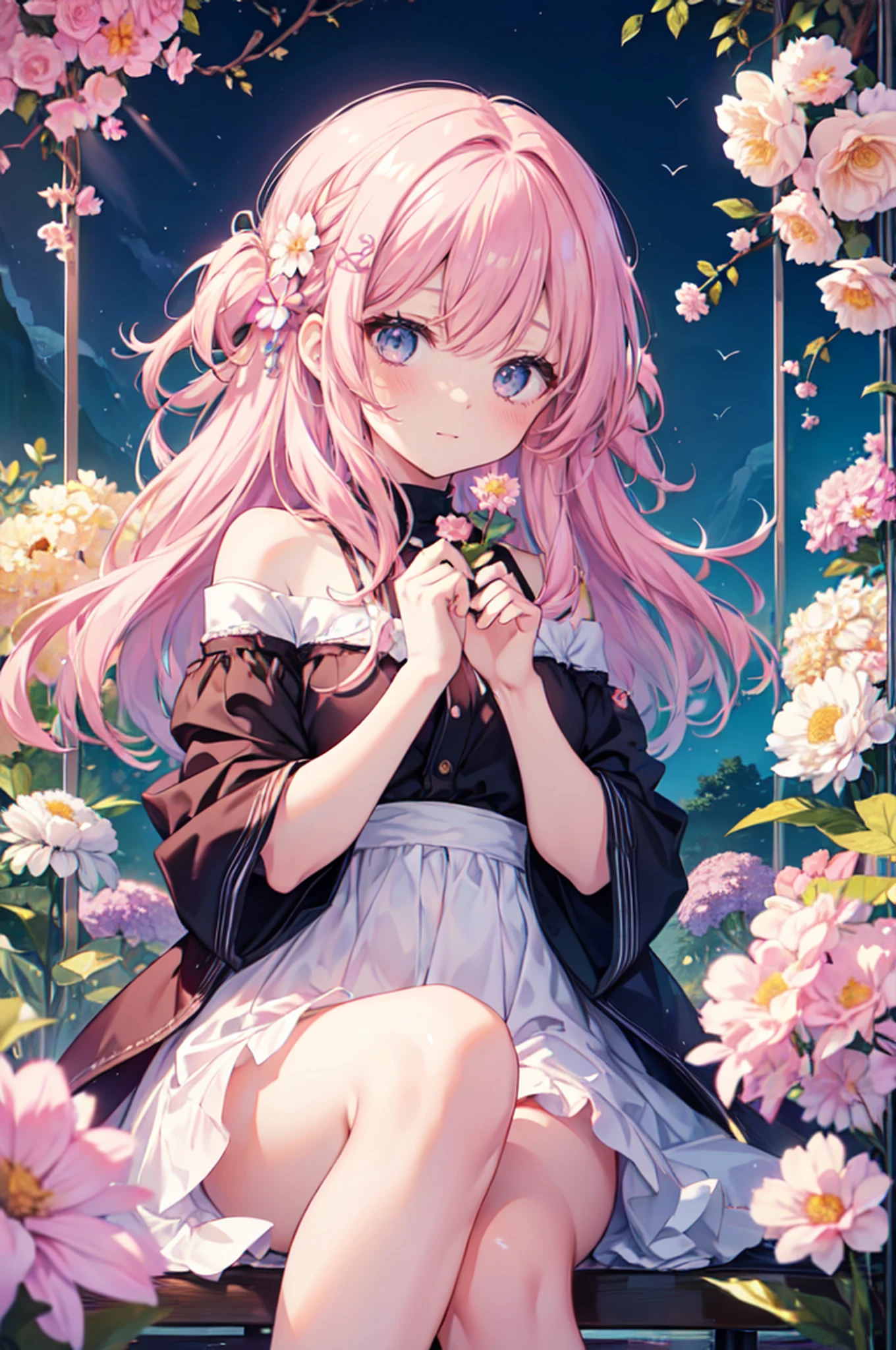 (best quality, 8k, masterpiece:1.2, nsfw ),Cutest,Cute girl,mesugaki,Beautiful face,Beautiful eyes,Beautiful hair, Light pink hair,Lots of colorful flowers,